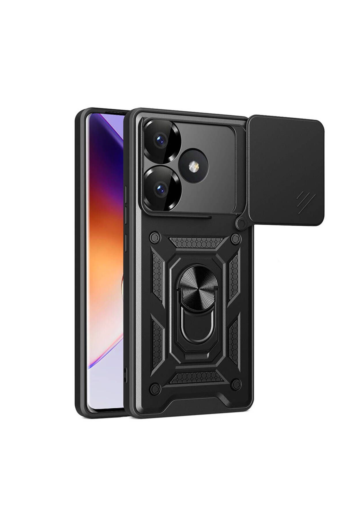 System Com Poco F6 Kılıf Magnetik Standlı Kamera Korumalı SYS Sürgülü Vega Kapak - Siyah