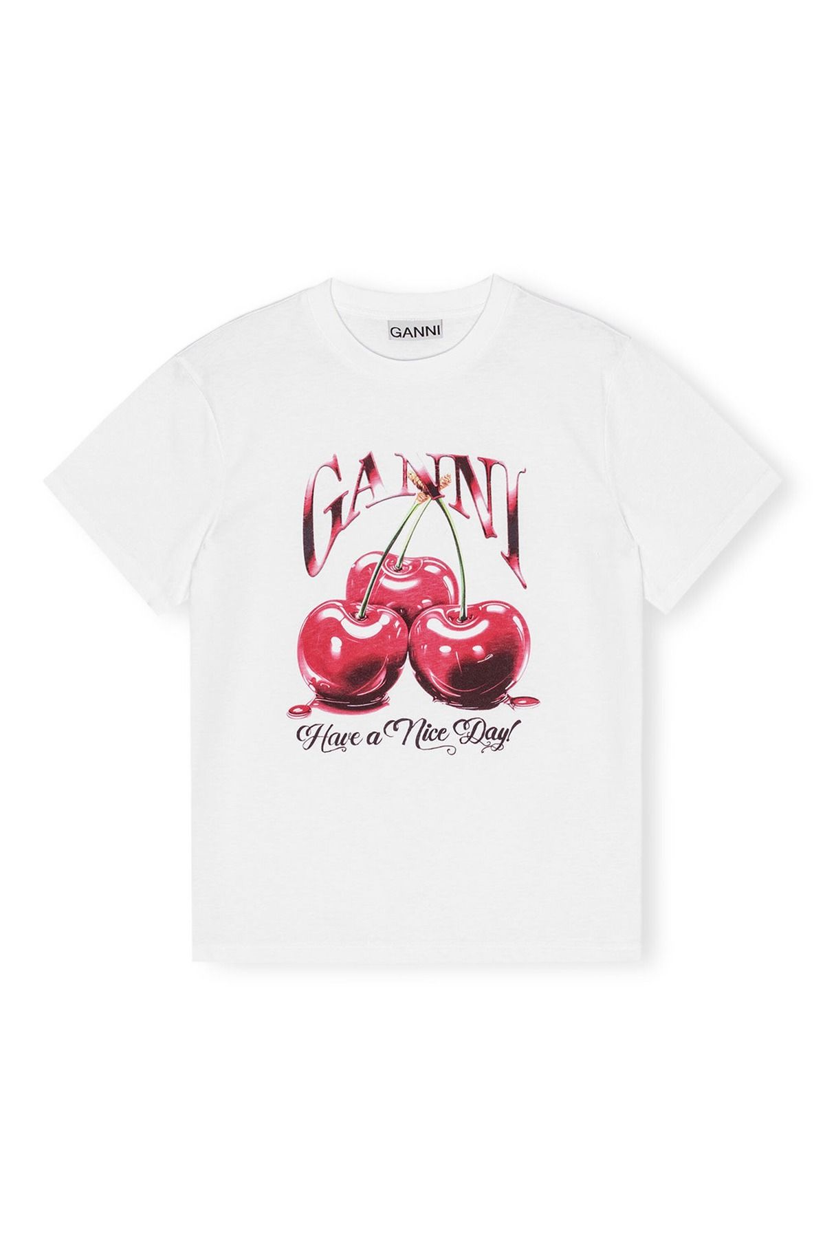 GANNI Basic Jersey Cherry Relaxed T-shirt Kadın Beyaz Organik Grafik Tişört