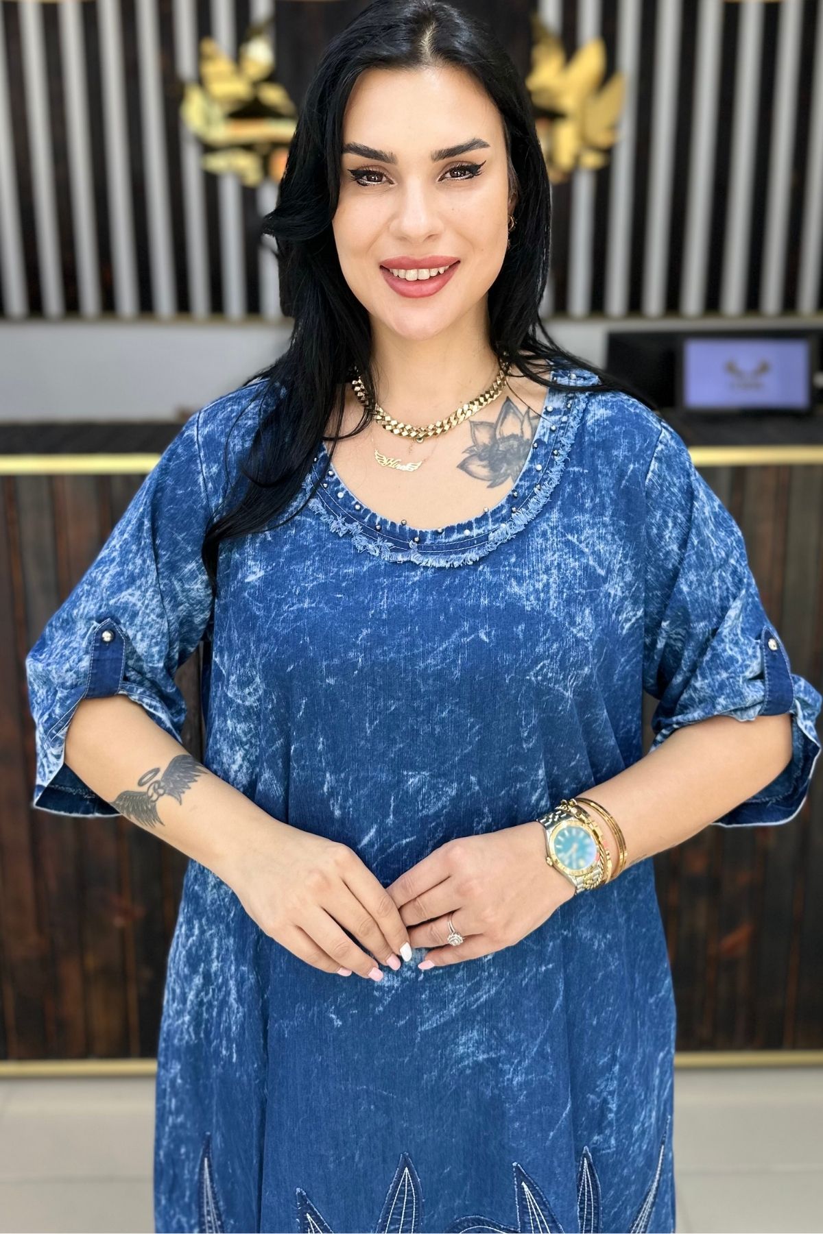 GÖKSEL ZIMBALI YAPRAK TASARIMLI İNCE KOT ELBİSE SÜPER BATTAL BÜYÜK BEDEN