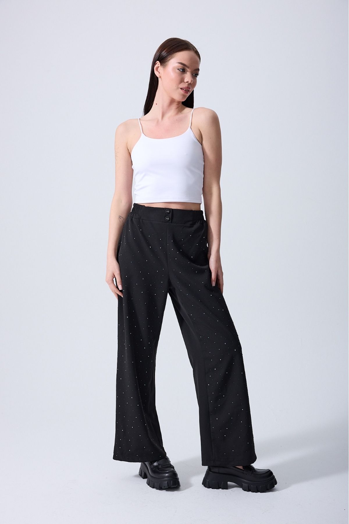 NovaRopa Kadın Siyah Beli Lastikli Taşlı Pantolon-10LN0129