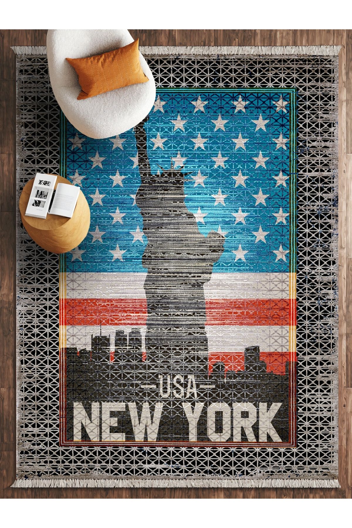 HALIZZON New York Özgürlük Heykeli Temalı Dijital Baskılı Kaymaz Halı Amerikan Temalı Genç Odası Halısı