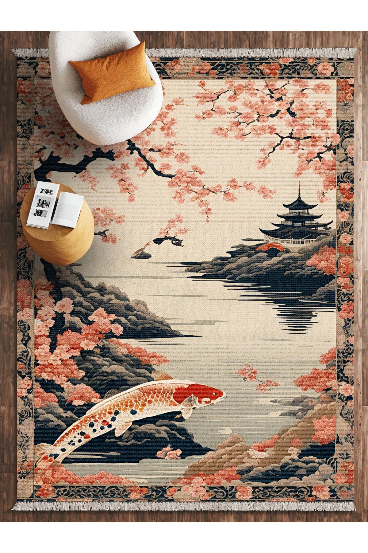 HALIZZON Japon Bahçesi ve Koi Balığı Temalı Dijital Baskı Halı Kaymaz Tabanlı Doğal Sanat Halısı