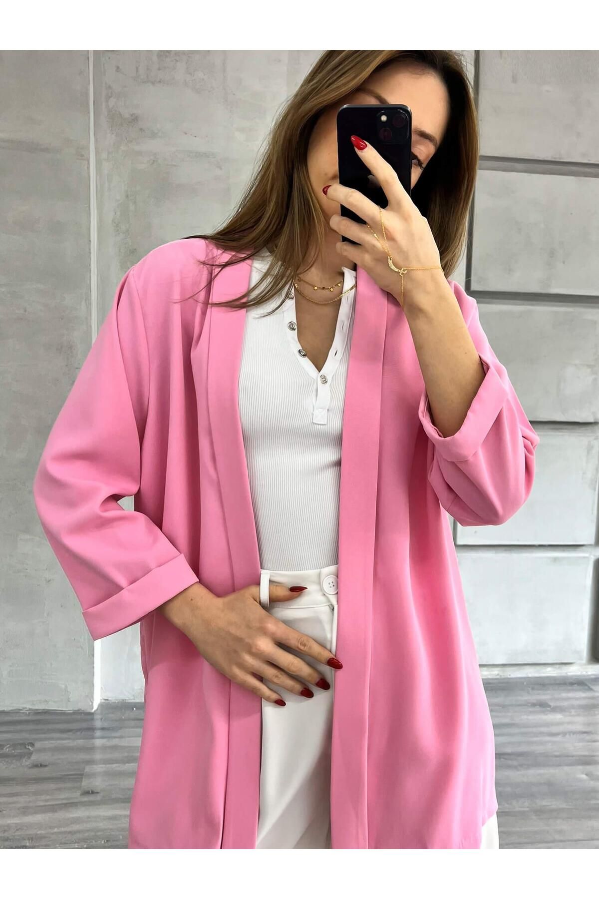 Coral Şal Yaka Midi Kol Ceket Pembe