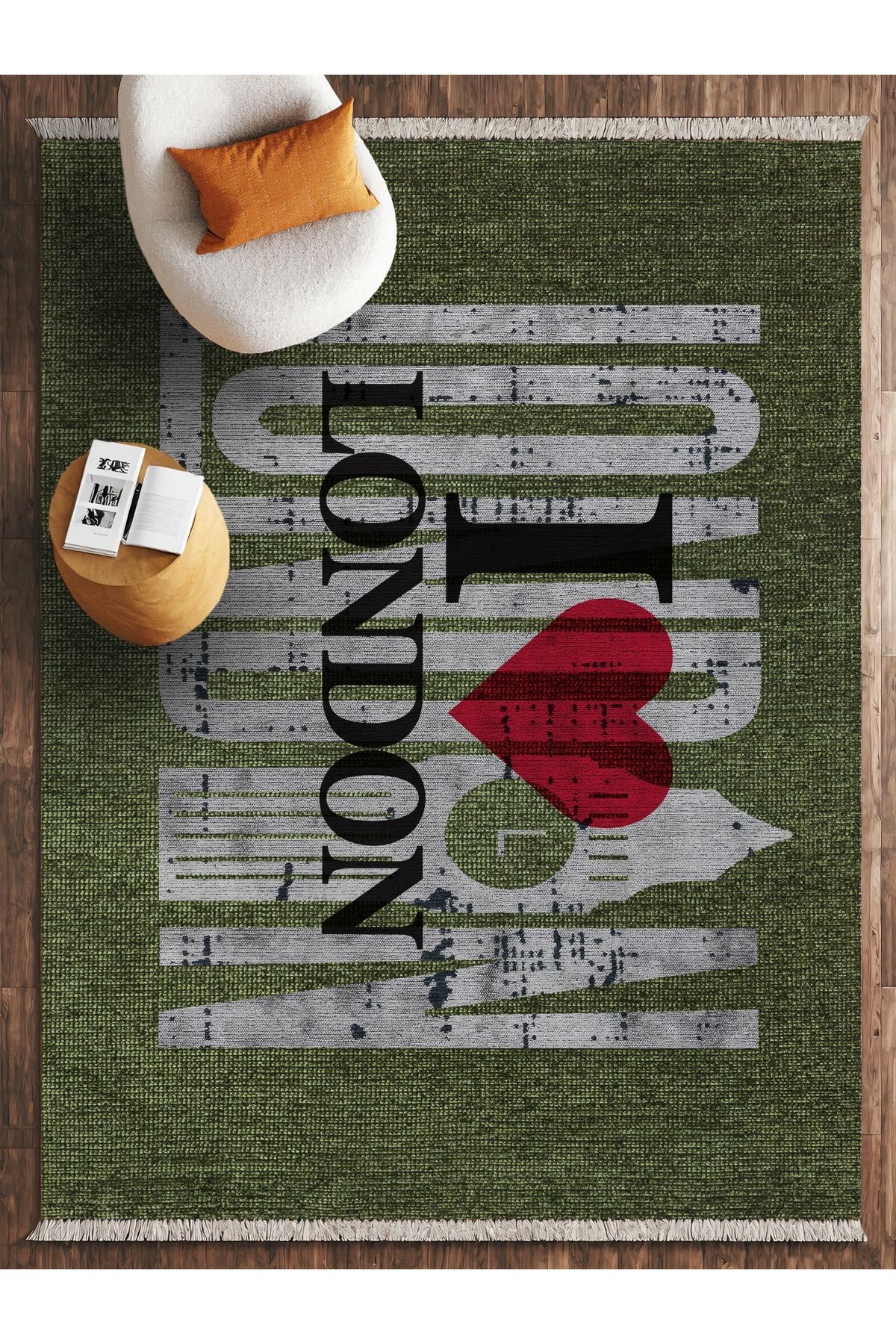HALIZZON Yeşil I Love London Yazılı Dijital Baskı Halı İngiliz Temalı Kaymaz Tabanlı Modern Halı