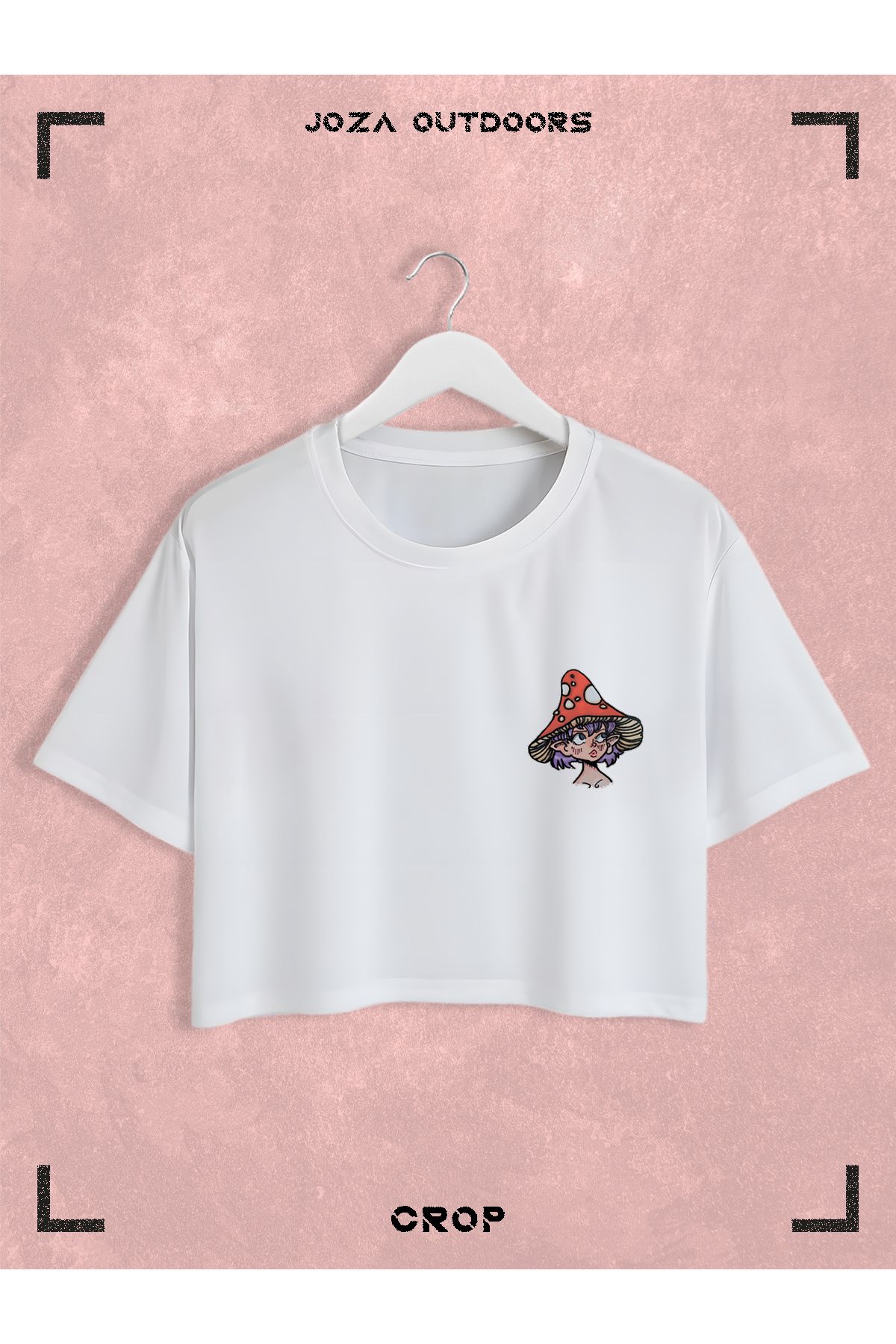 Jobia Outdoors Kadın Pamuklu Renkli Mantar Kız Göğüs Baskılı Bisiklet Yaka Oversize Salaş Kesim Crop T-shirt