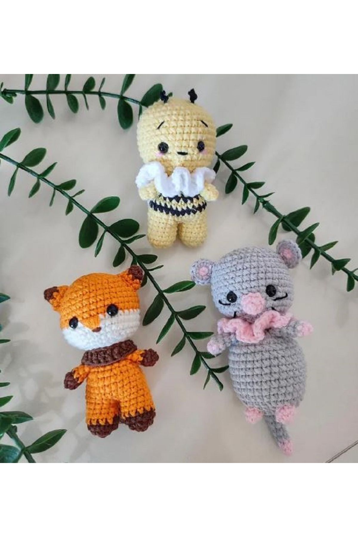 designbyoykum 3'LÜ MİNİK AMİGURUMİ OYUNCAKLAR (FARE, TİLKİ, ARI)