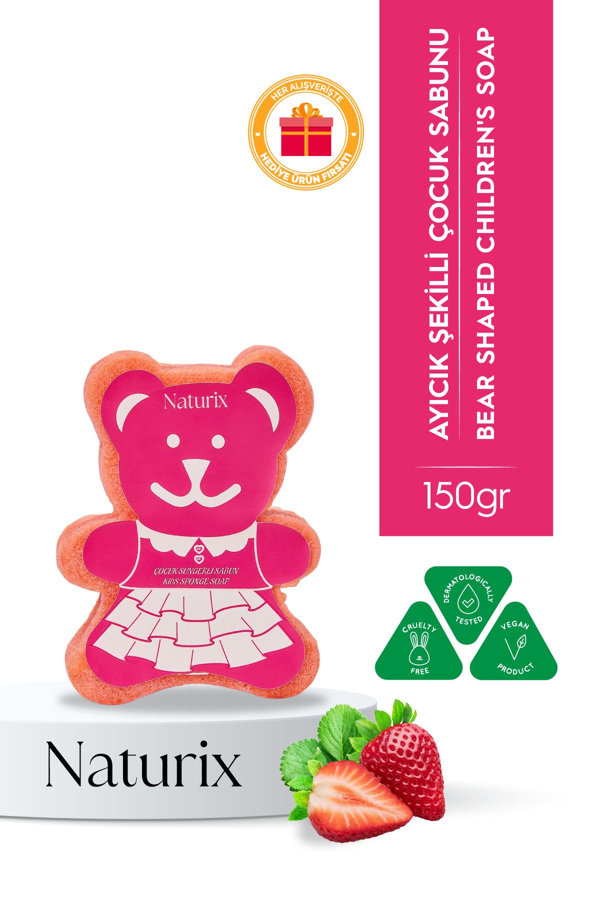Naturix Ayıcık Şekilli Süngerli Çilekli Çocuk Sabunu Hassas Ciltler İçin Yumuşak Bakım - 150 gr