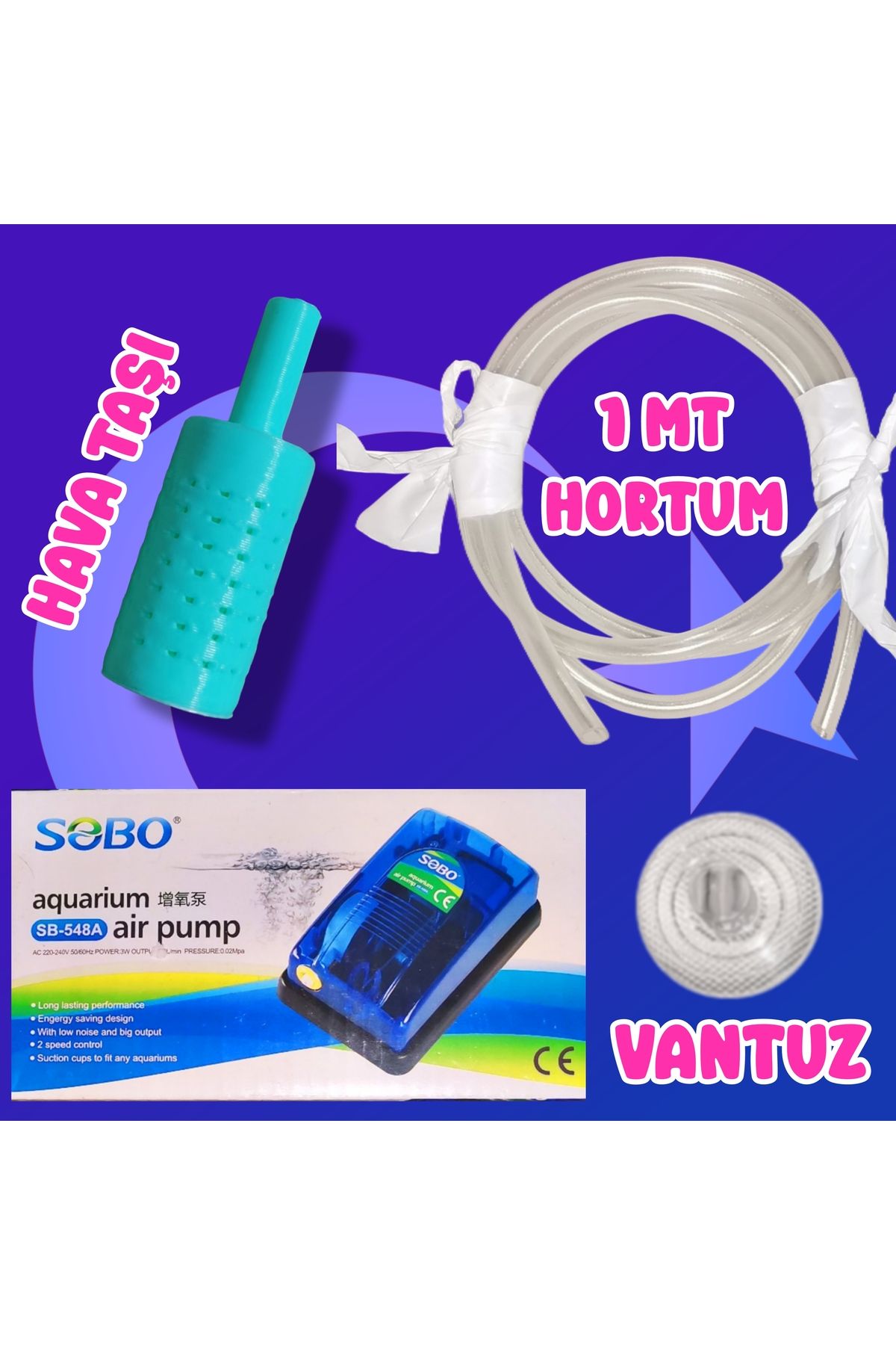 Akvaryum Hava Taşı Motor Hortum Vantuz Seti ( Mavi ) Küçük Akvaryum ve Büyük Akvaryum Uygun