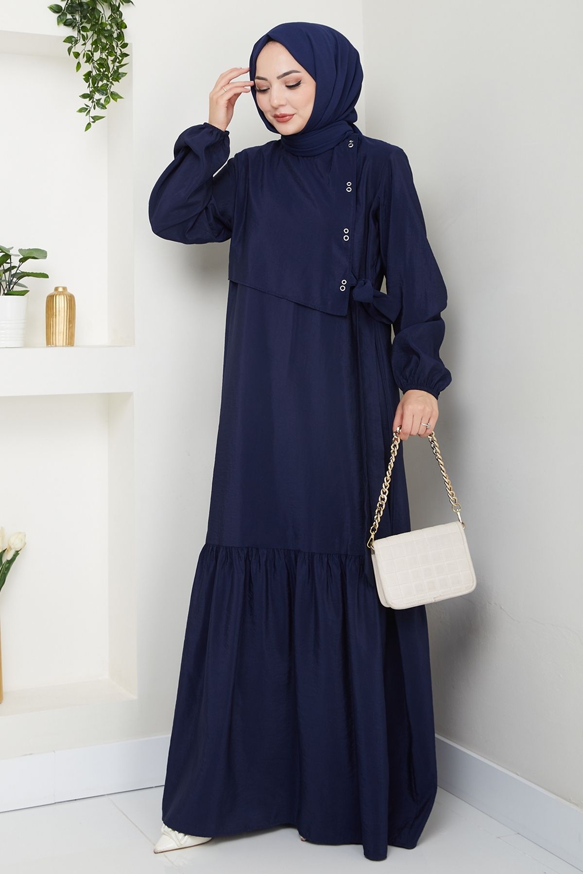 InStyle Kuş Gözü Detaylı Modal Lacivert Elbise