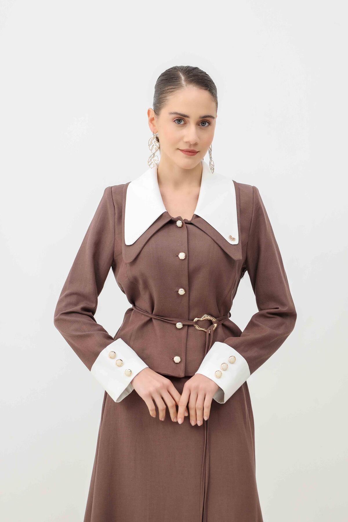 Atamu EKRÜ GARNİLİ CEKET ETEK TAKIM KAHVE