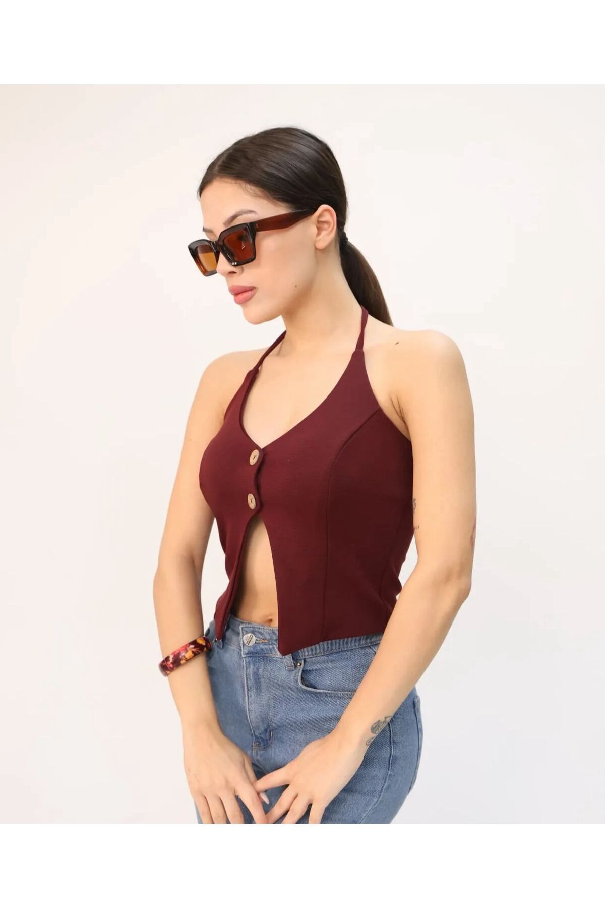 LOOKMEG Kadın Sırt Dekolteli Düğmeli Boyundan Bağlamalı Büstiyer