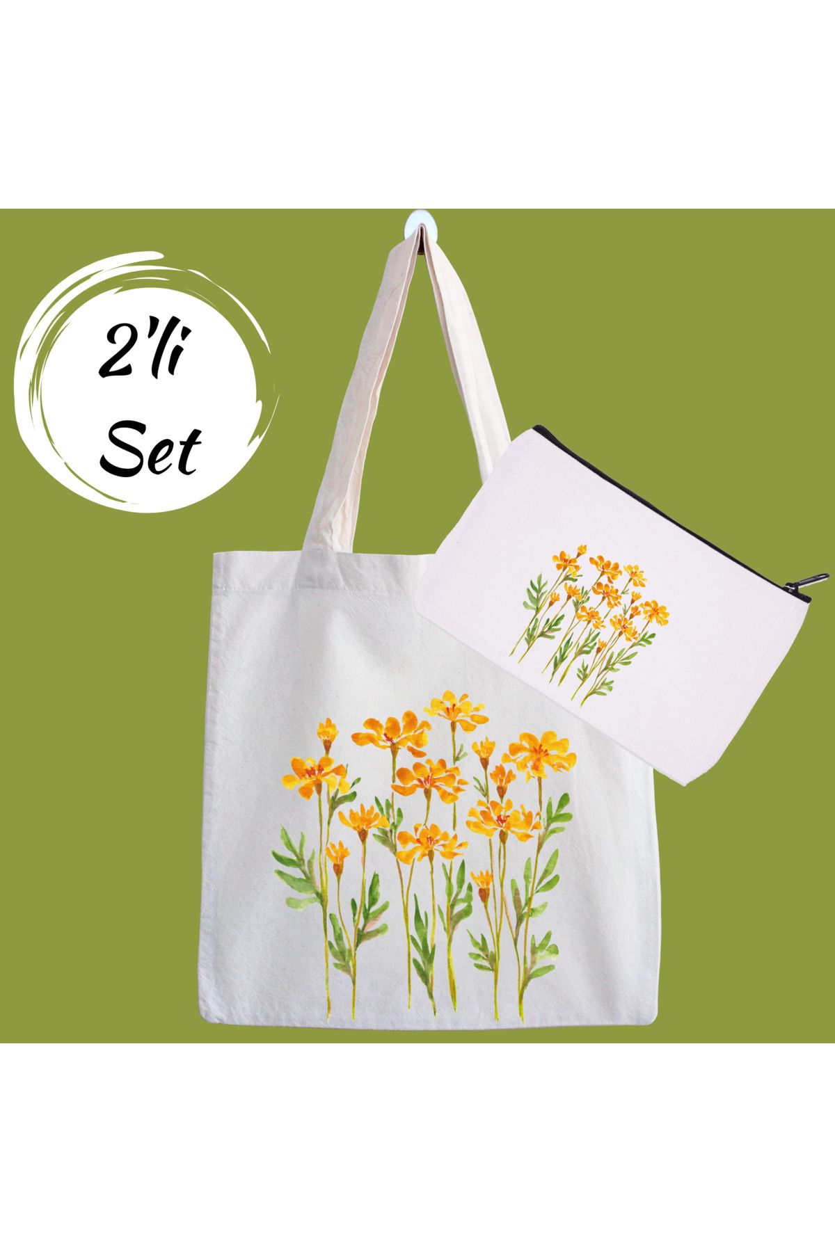 designedfy Flowers Kampanyalı 2'li Bez Çanta ve Makyaj Çantası Seti