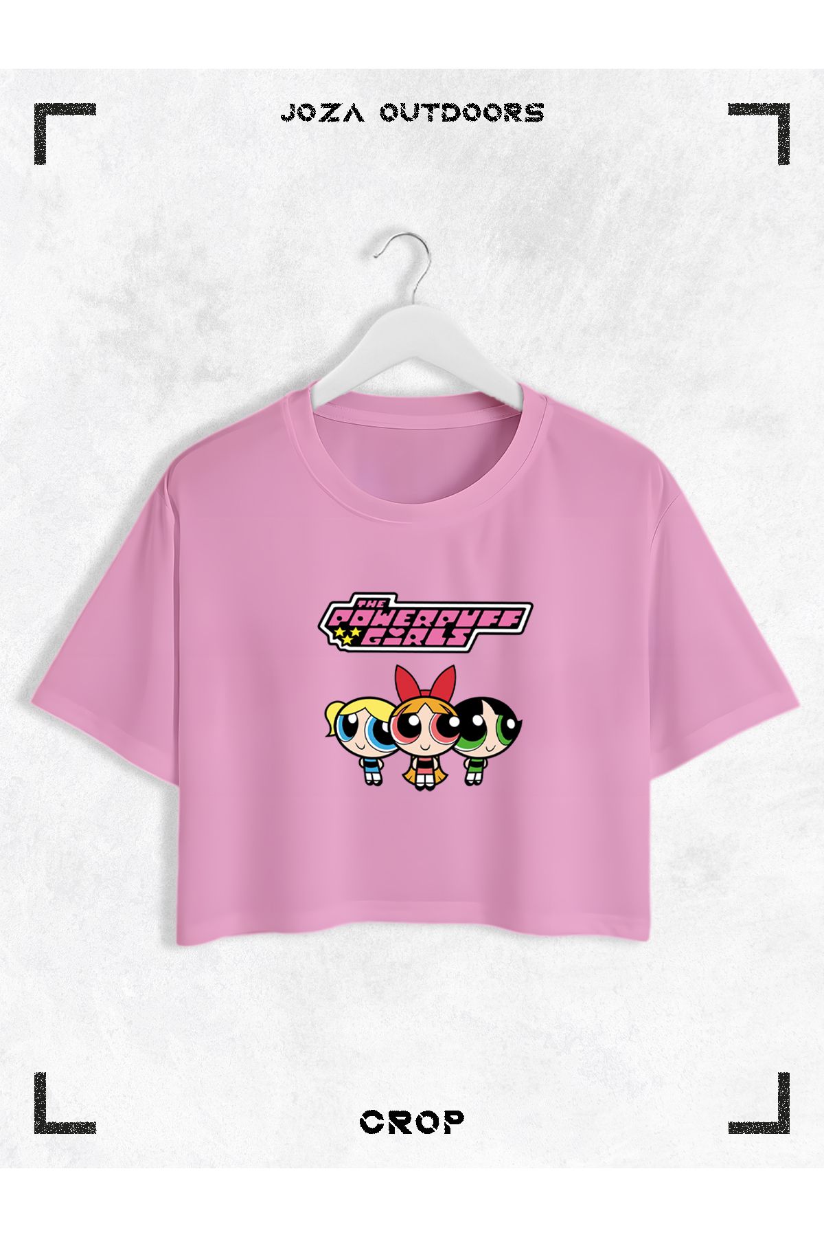 Jobia Outdoors Kadın Pamuklu Renkli Powerpuff Girls Baskılı Bisiklet Yaka Oversize Salaş Kesim Crop T-shirt