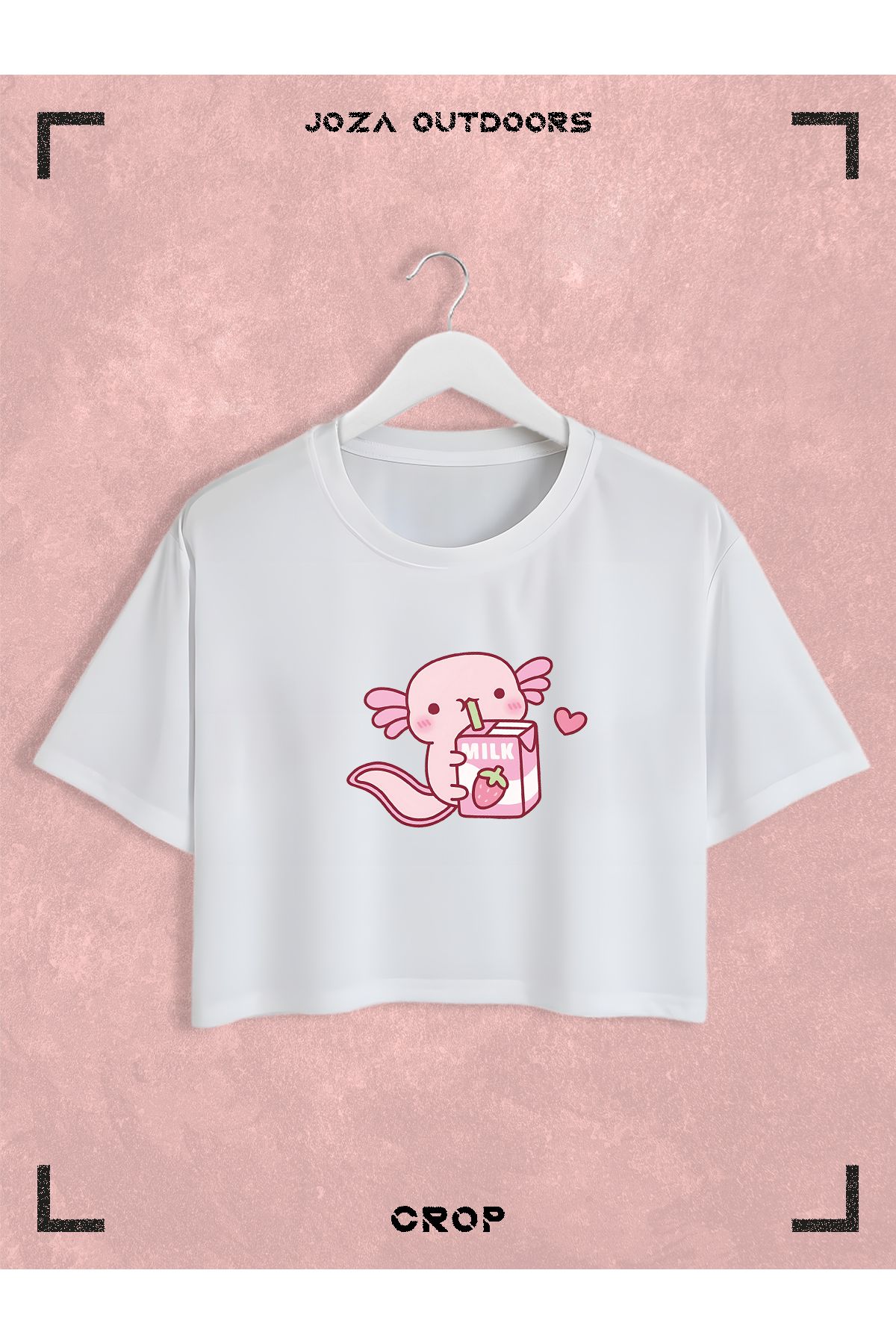 Jobia Outdoors Kadın Pamuklu Renkli Axolotl Milk Baskılı Bisiklet Yaka Oversize Salaş Kesim Crop T-shirt