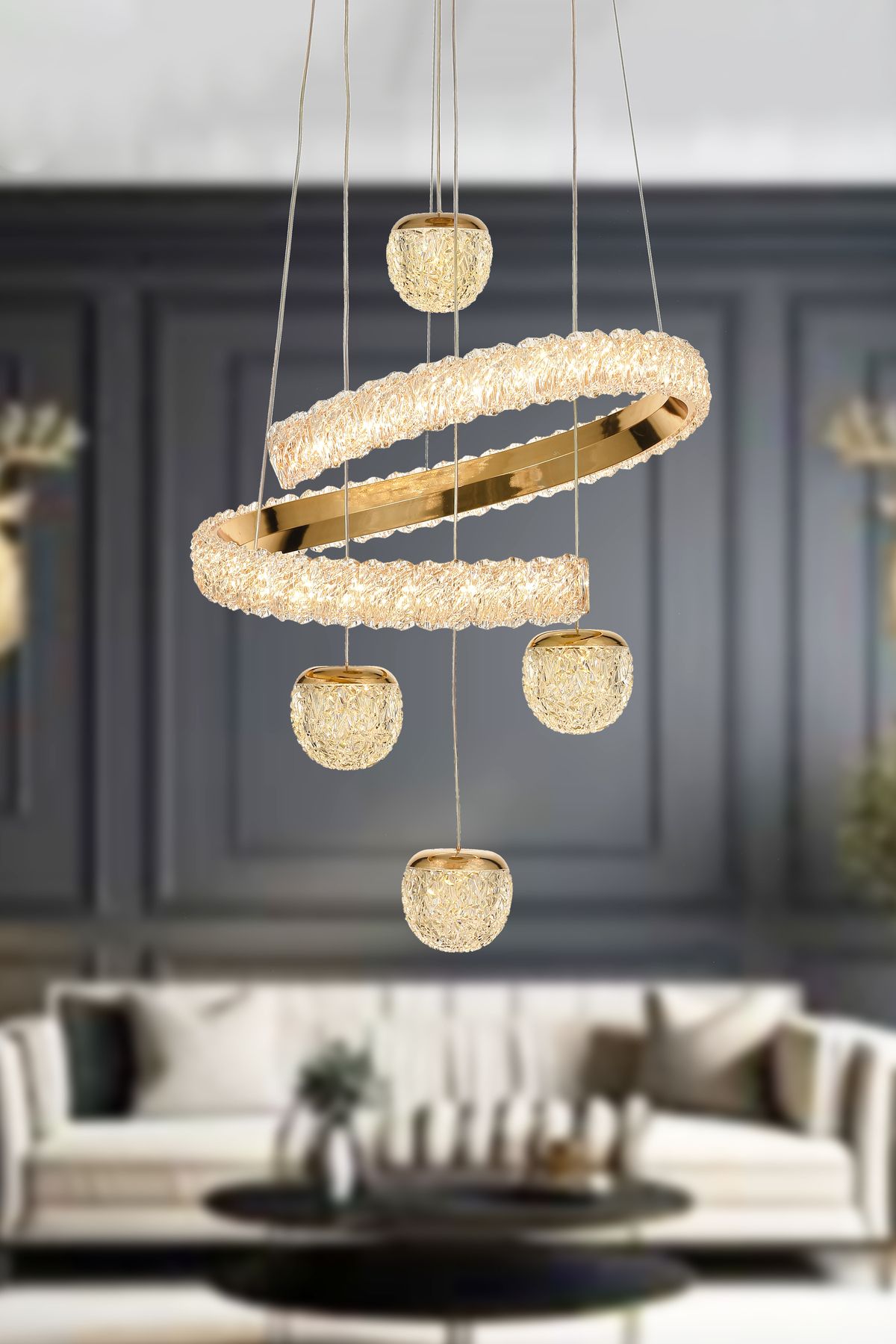 Avizemoda Milly 4'lü 3 Renk Ledli (SARI-BEYAZ-GÜN IŞIĞI) Dimmer Kumandlı 3 Renk Modern Avize -gold