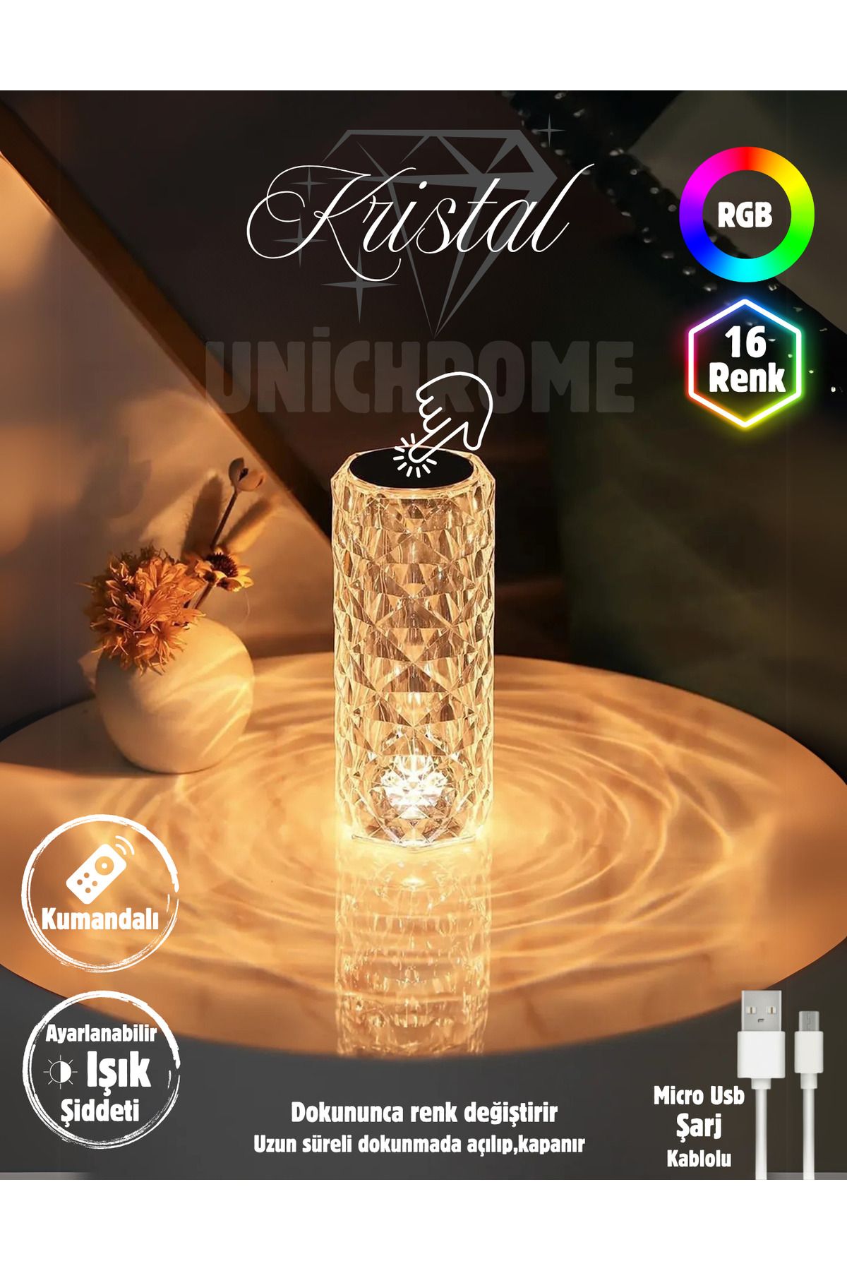 Folveit Kristal Elmas Led Dokunmatik Sensör Usb Şarjlı Masa Lambası RGB Gece Lambası