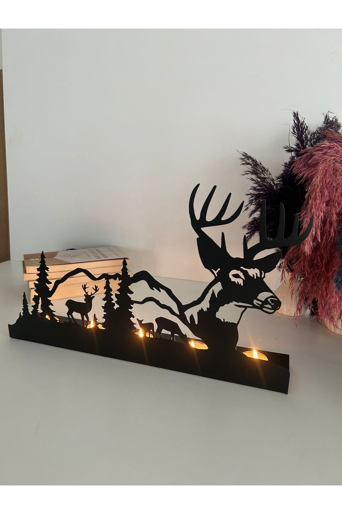 Alamer Decor Büyük Geyik Ve Dağ Temalı Dekoratif Metal Mumluk