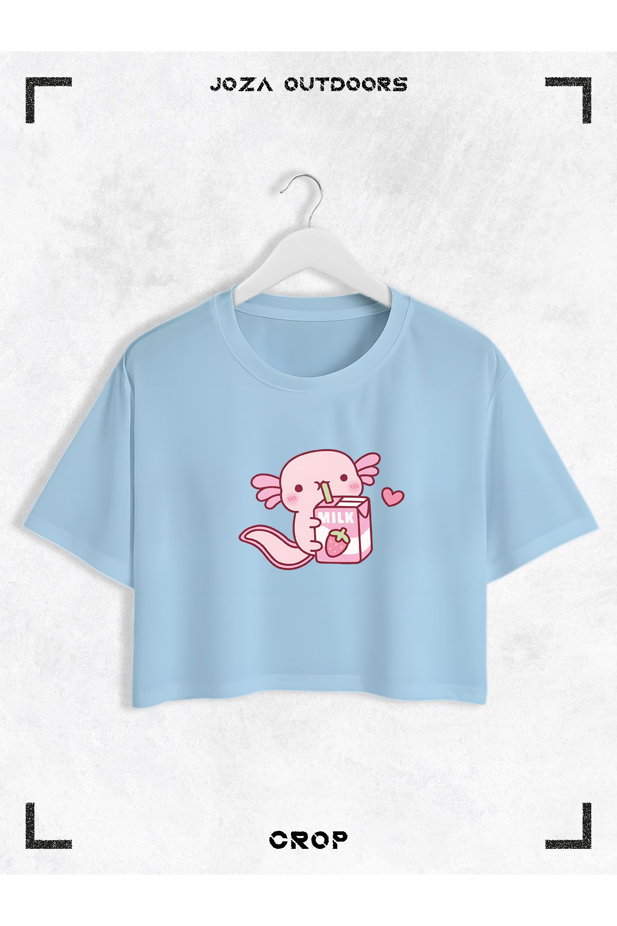Jobia Outdoors Kadın Pamuklu Renkli Axolotl Milk Baskılı Bisiklet Yaka Oversize Salaş Kesim Crop T-shirt