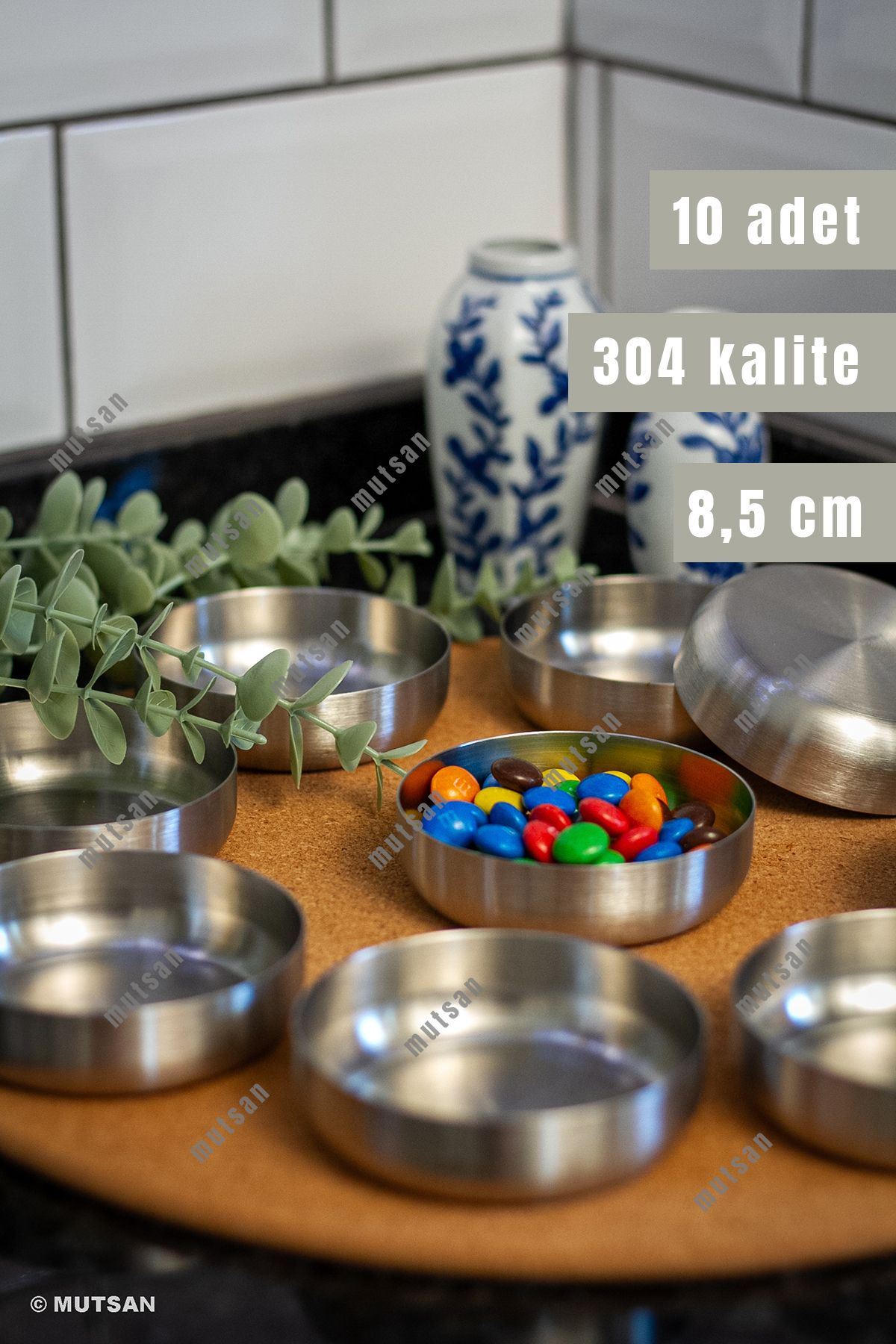 Mutsan 10'lu 304 Kalite Paslanmaz Çelik 8,5 cm | Mini Çerezlik | Sosluk | Lokumluk | Sunum Kase Seti
