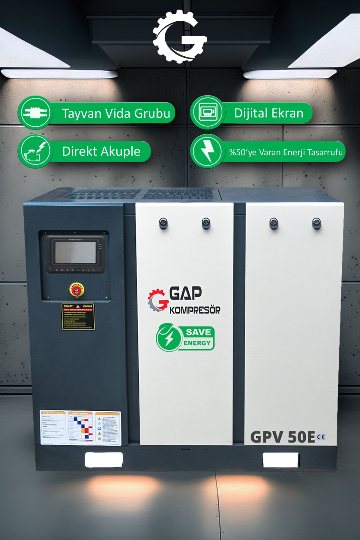 GAP KOMPRESÖR İnvertörlü Vidalı Hava Kompresörü 50Hp 1000Lt GPV50E Uyumlu