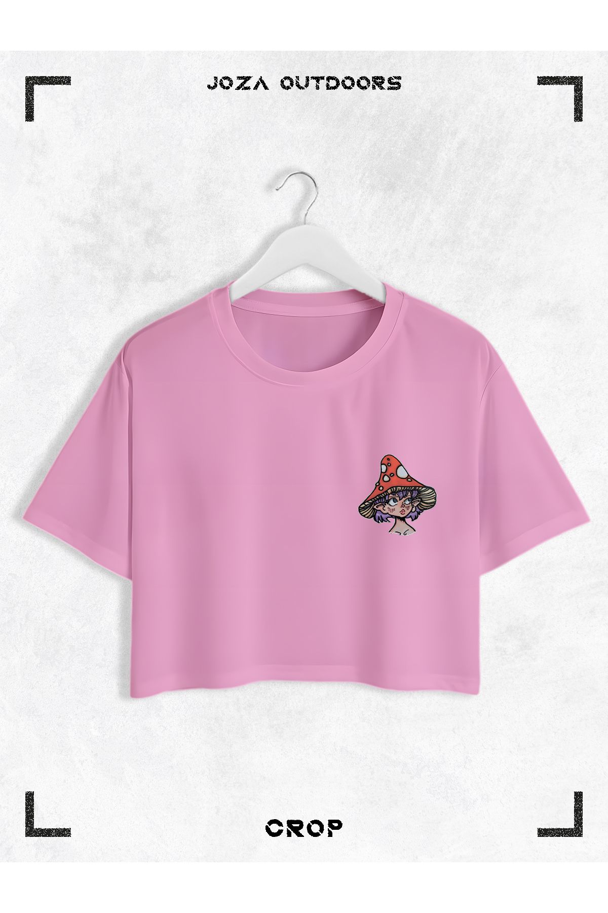 Jobia Outdoors Kadın Pamuklu Renkli Mantar Kız Göğüs Baskılı Bisiklet Yaka Oversize Salaş Kesim Crop T-shirt