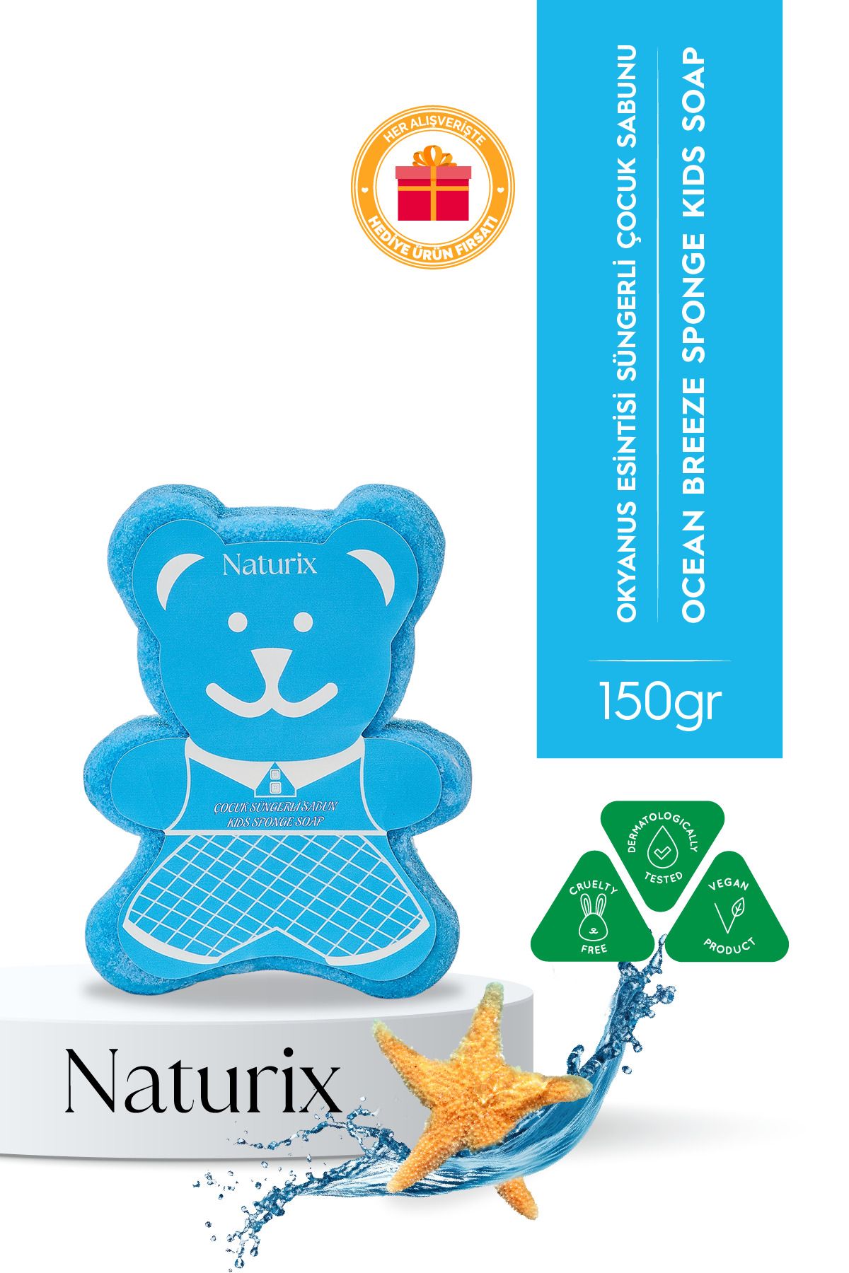 Naturix Ayıcık Şekilli Süngerli Okyanus Ferahlığı Çocuk Sabunu Hassas Ciltler İçin Yumuşak Bakım - 150 gr