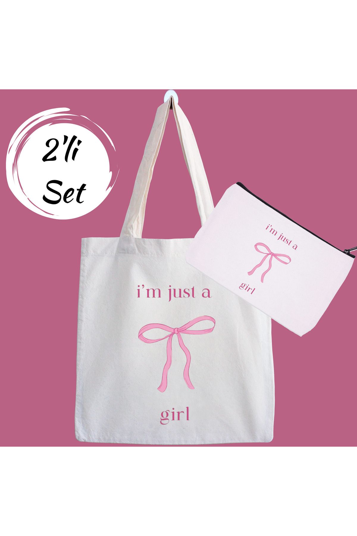 designedfy I'm Just a Girl Kampanyalı 2'li Bez Çanta ve Makyaj Çantası Seti