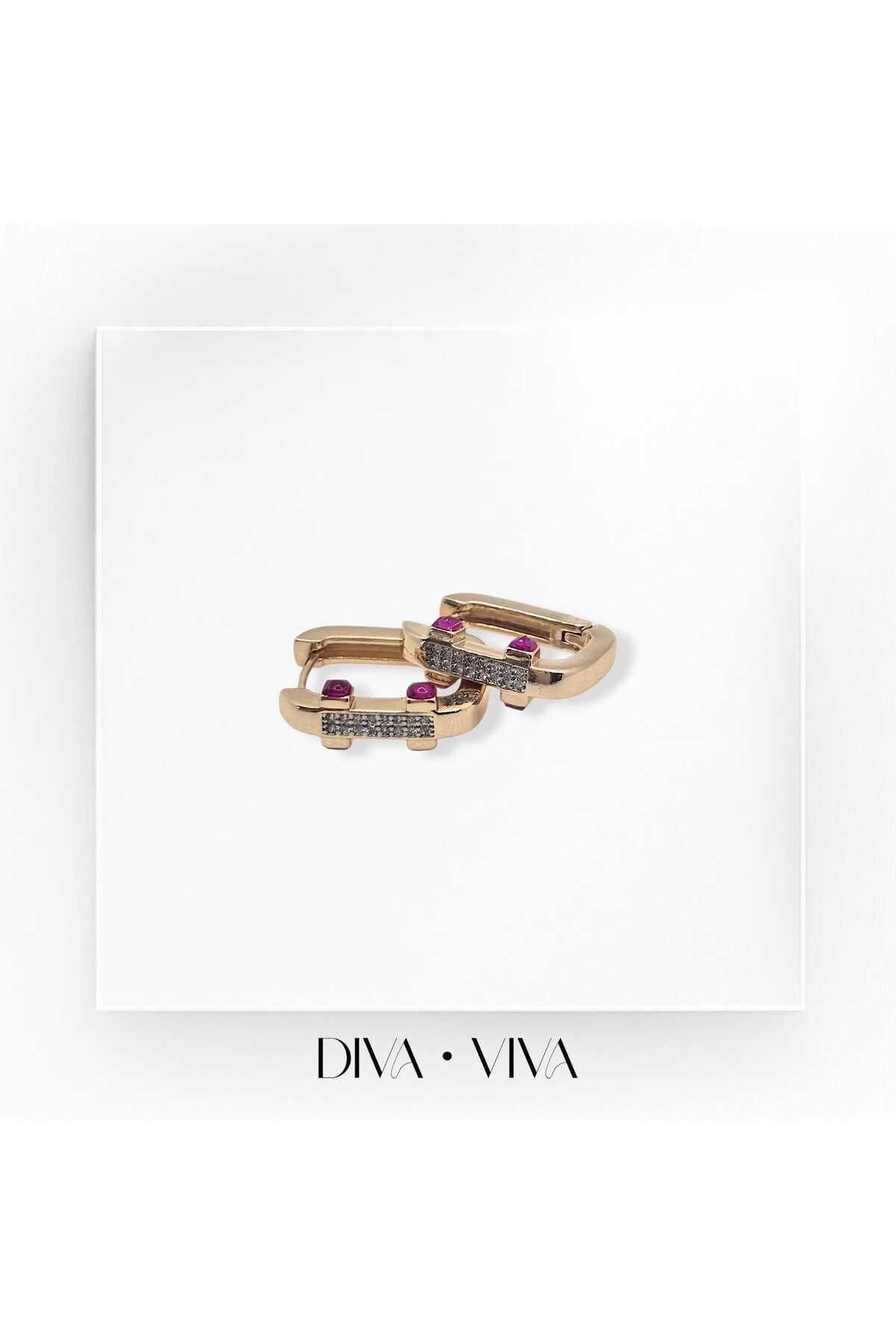 DivaViva Diva Viva - Pembe Taşlı Kare Kadın Pinkora Küpe