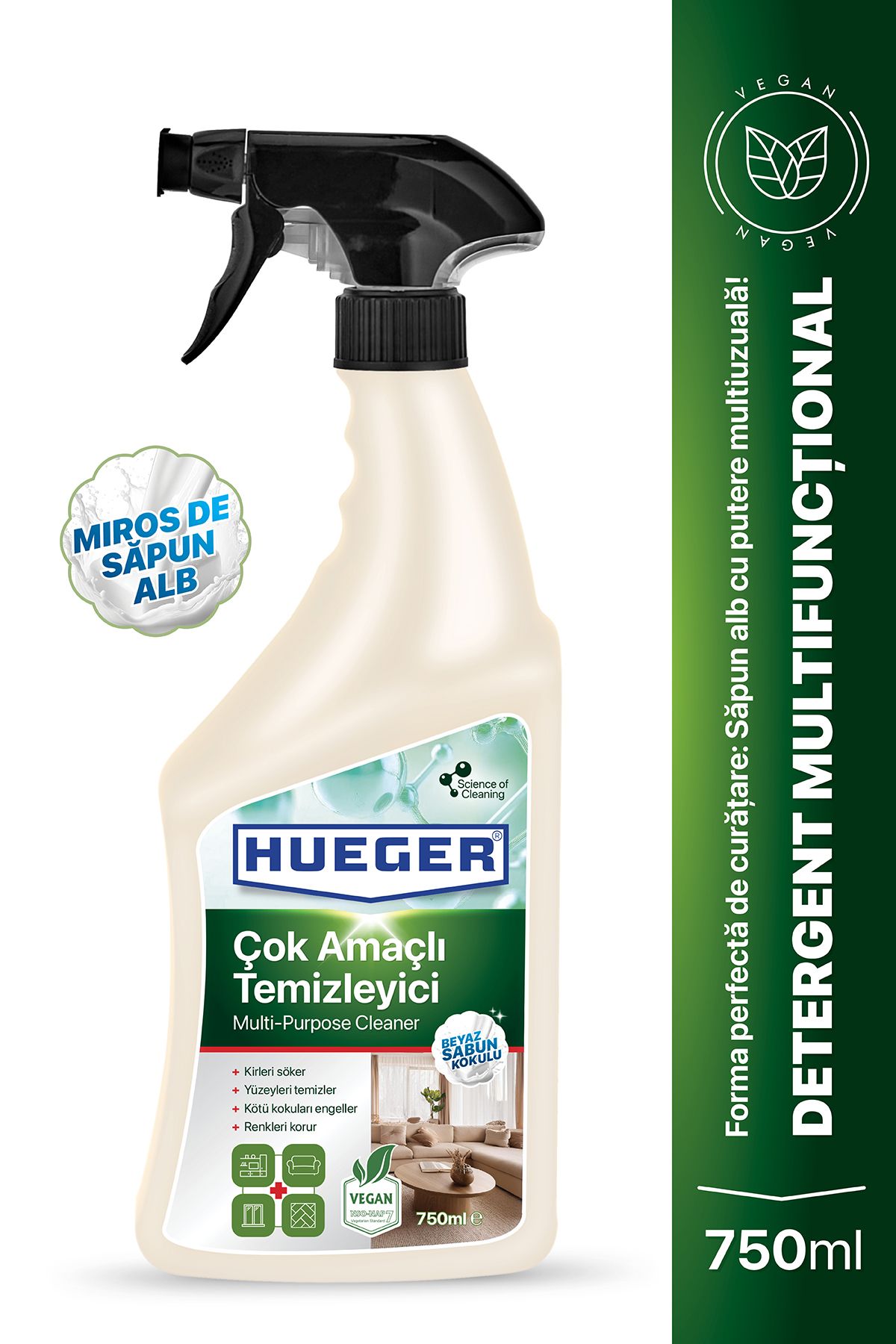 Hueger-Detergent Vegan Multi-funcțional, Spumă & Pulverizator, Cu Parfum De Săpun Alb, 750 ml 1