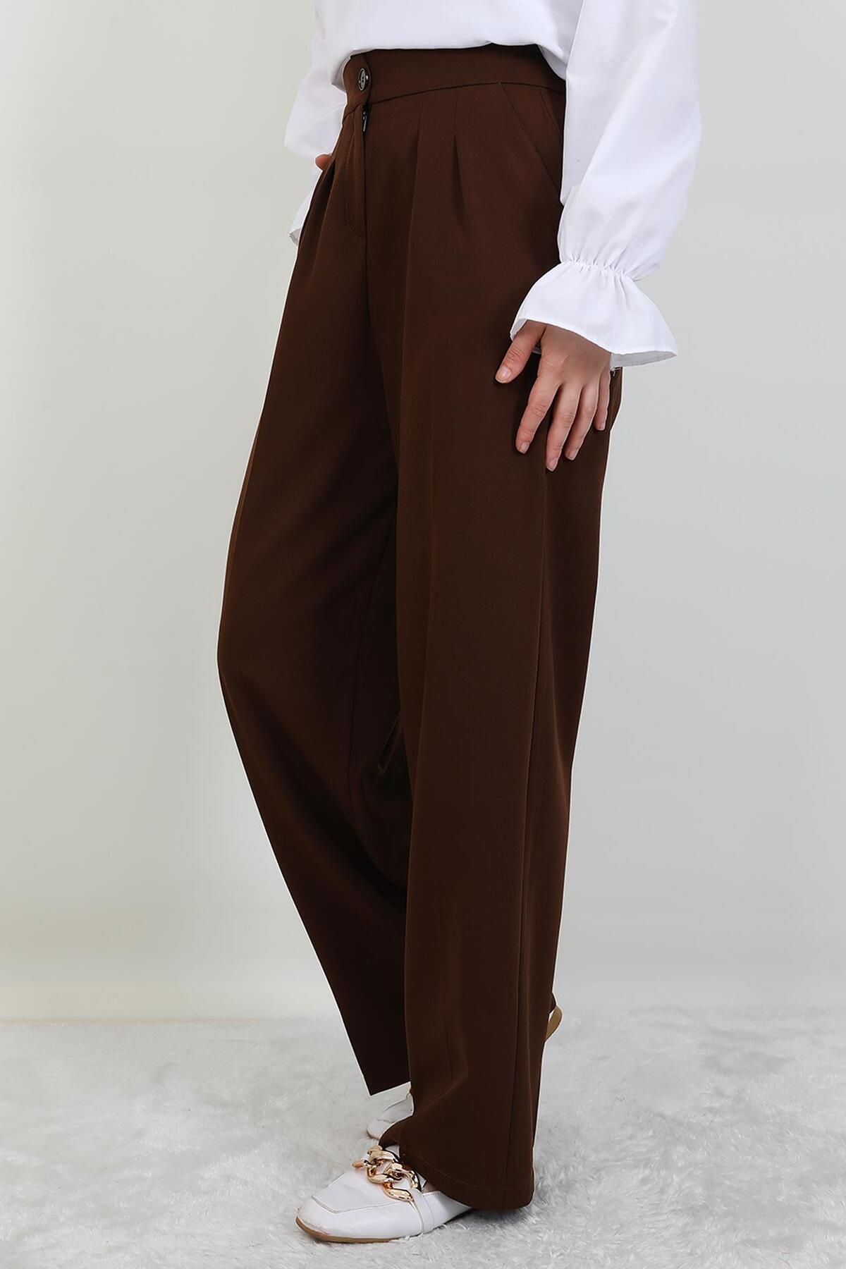 GİYZAMİLA Beli Lastikli Düğmeli Pantolon Kahve