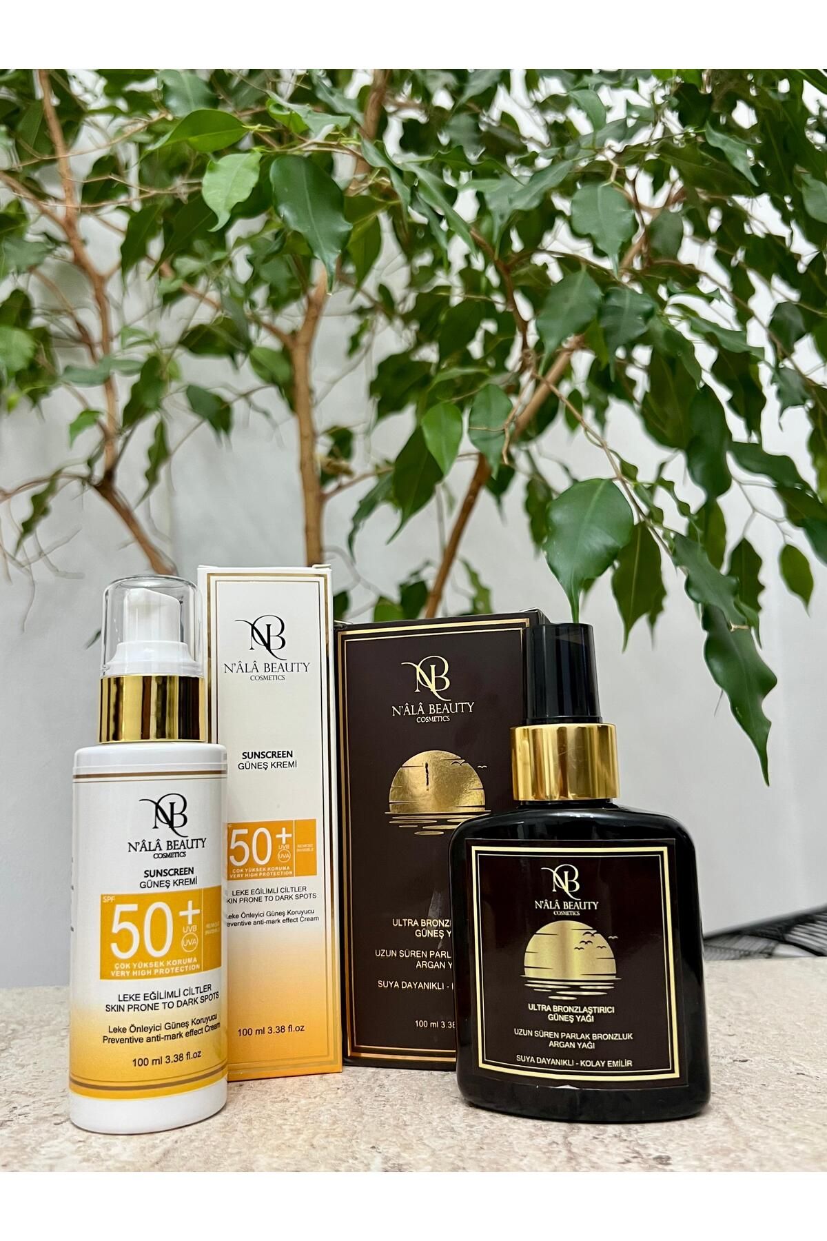 Nala Beauty Cosmetic Organik Leke Önleyici SPF50+ Güneş Kremi Ve Arganlı E Vitaminli Bronzlaştırıcı Güneş Yağı 2li Set