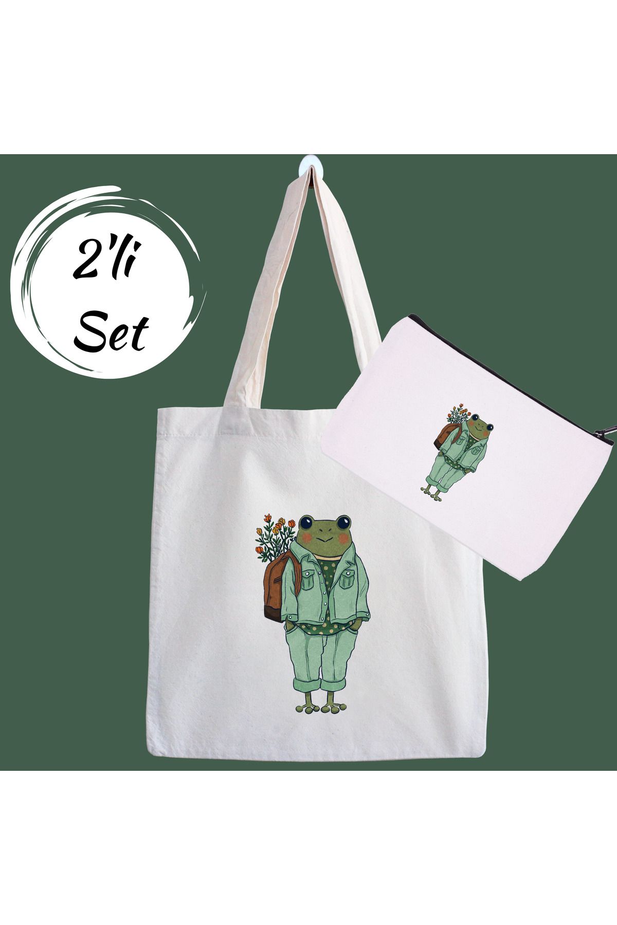 designedfy School Frog Kampanyalı 2'li Bez Çanta ve Makyaj Çantası Seti