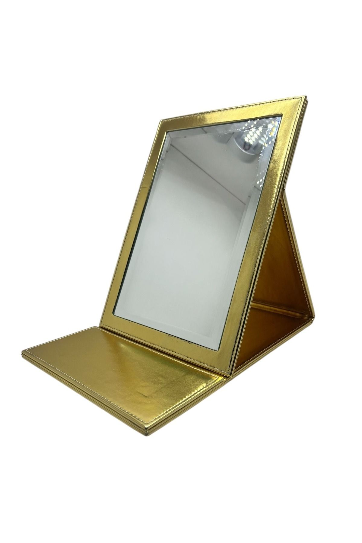 MeGass Dekor Deri Kumaş Kaplama Sarı Renk Katlanabilir Ayaklı Takı Ve Makyaj Aynası 31*x31 Cm