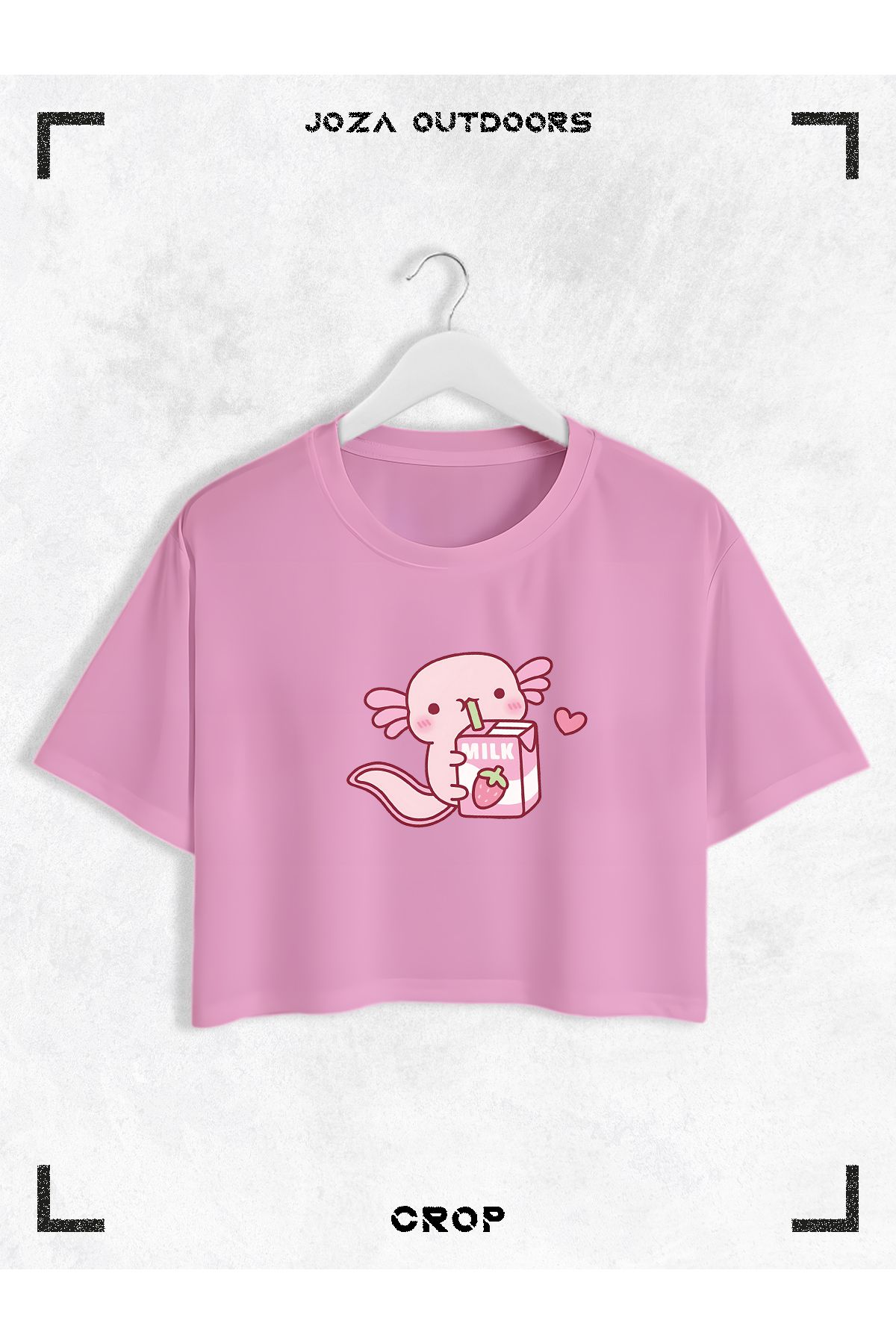 Jobia Outdoors Kadın Pamuklu Renkli Axolotl Milk Baskılı Bisiklet Yaka Oversize Salaş Kesim Crop T-shirt