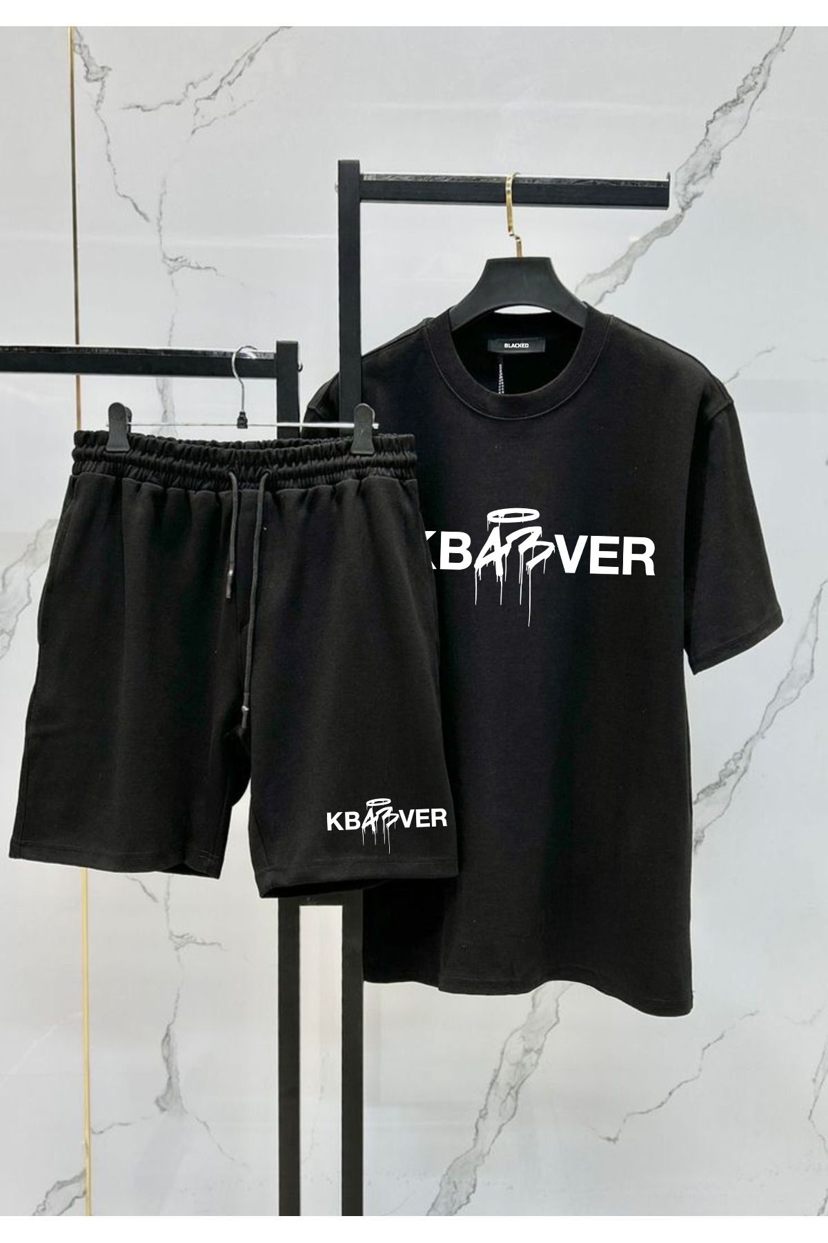 EFFRENATU KBABVER Baskılı Pamuklu Kumaş Erkek Siyah T-shirt-Şort Takım