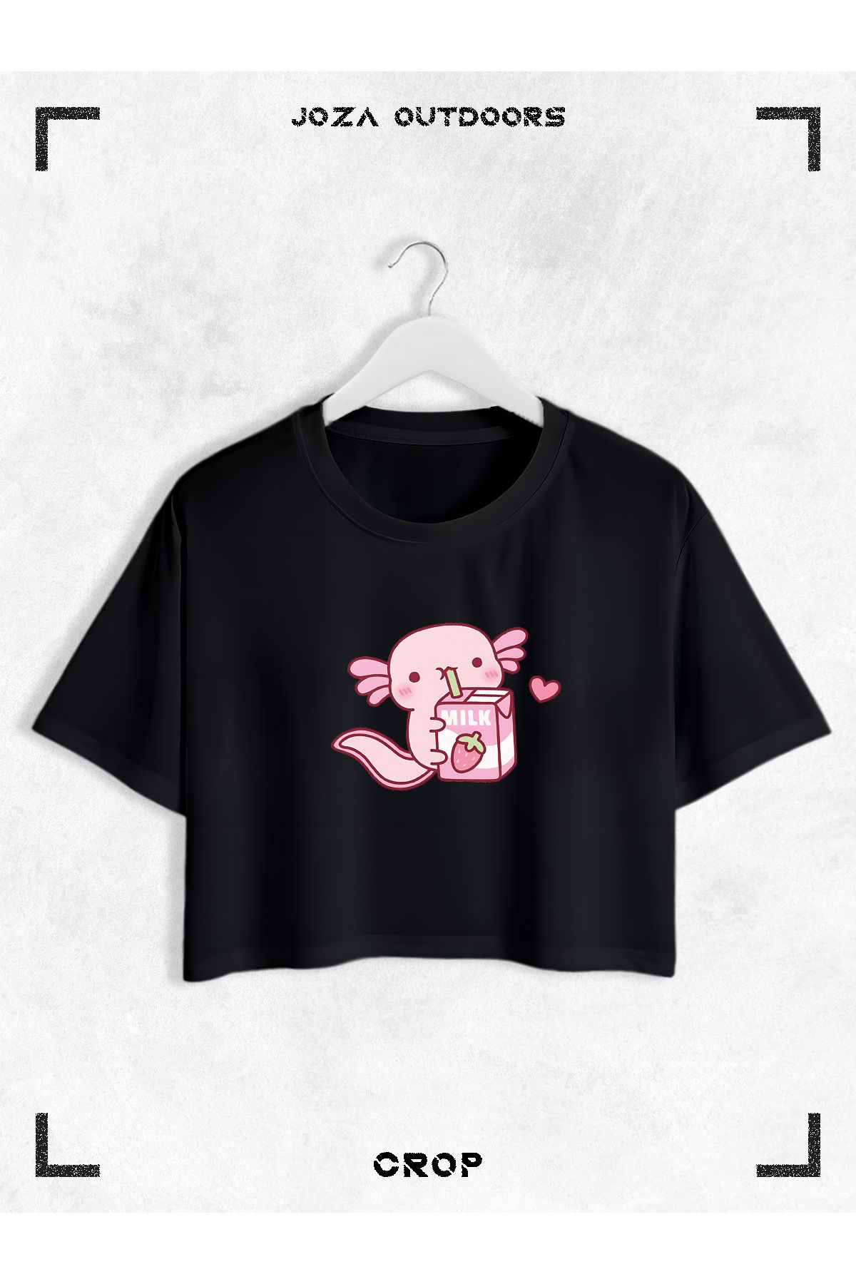Jobia Outdoors Kadın Pamuklu Renkli Axolotl Milk Baskılı Bisiklet Yaka Oversize Salaş Kesim Crop T-shirt