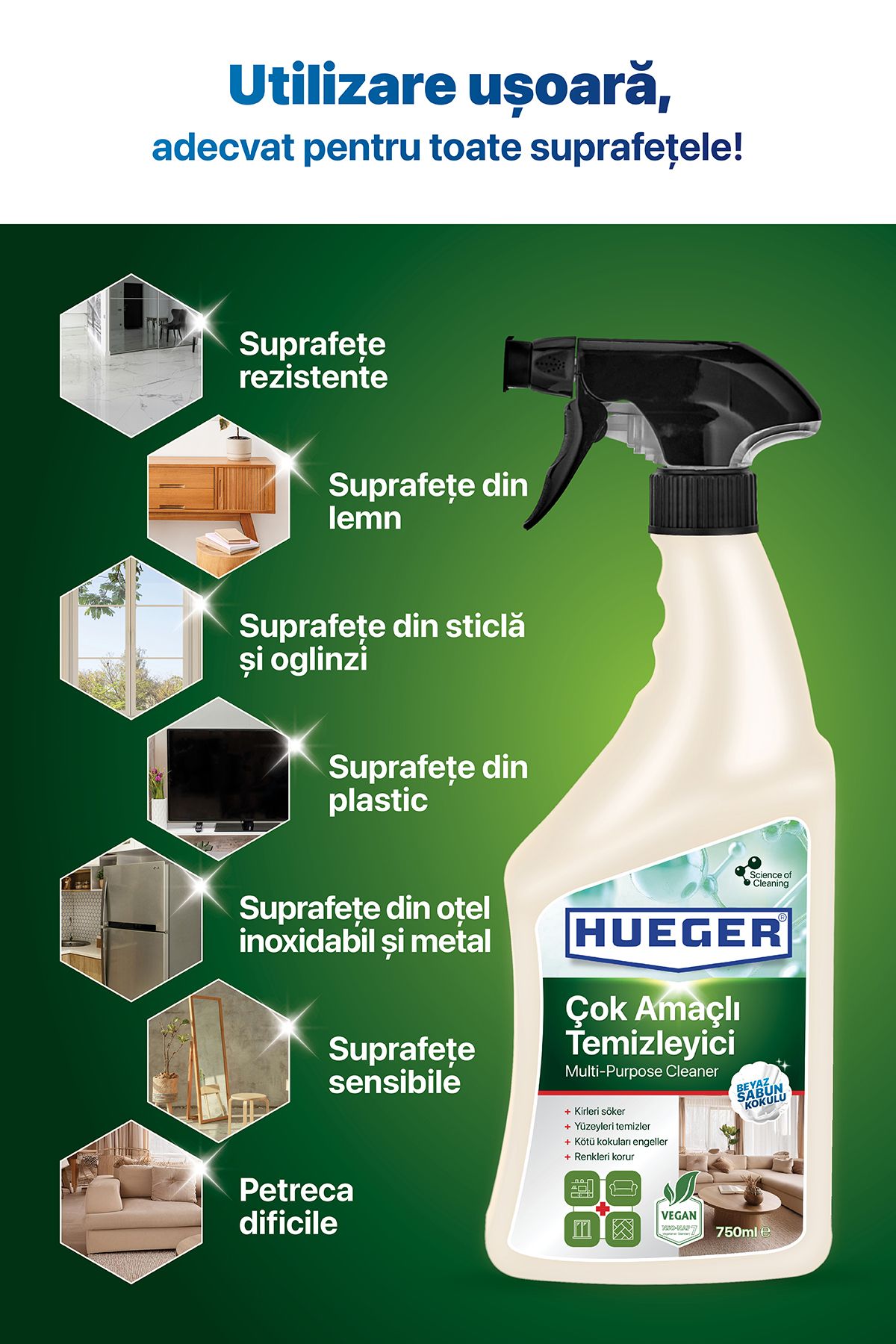 Hueger-Detergent Vegan Multi-funcțional, Spumă & Pulverizator, Cu Parfum De Săpun Alb, 750 ml 6
