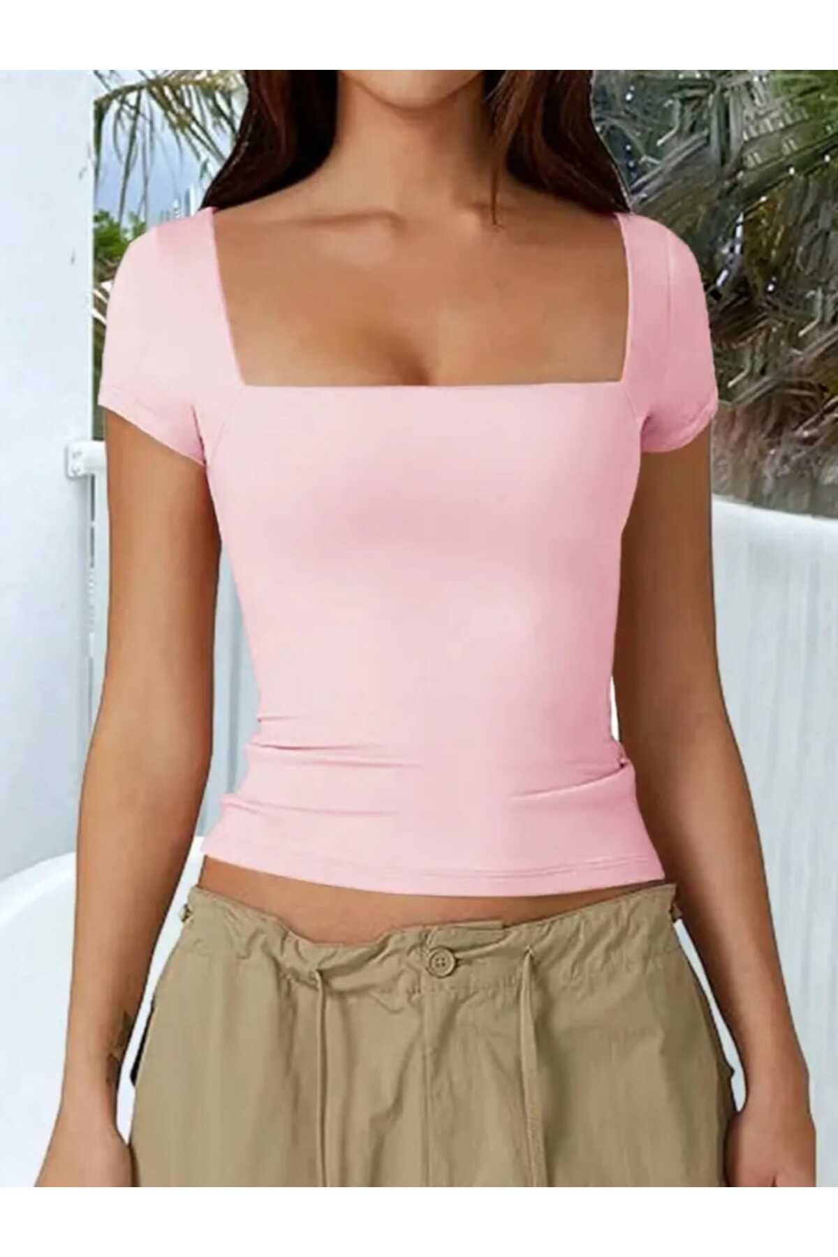 milio Kadın Kare Yaka Slim Fit Likralı Crop Kısa Kol Body T-shirt