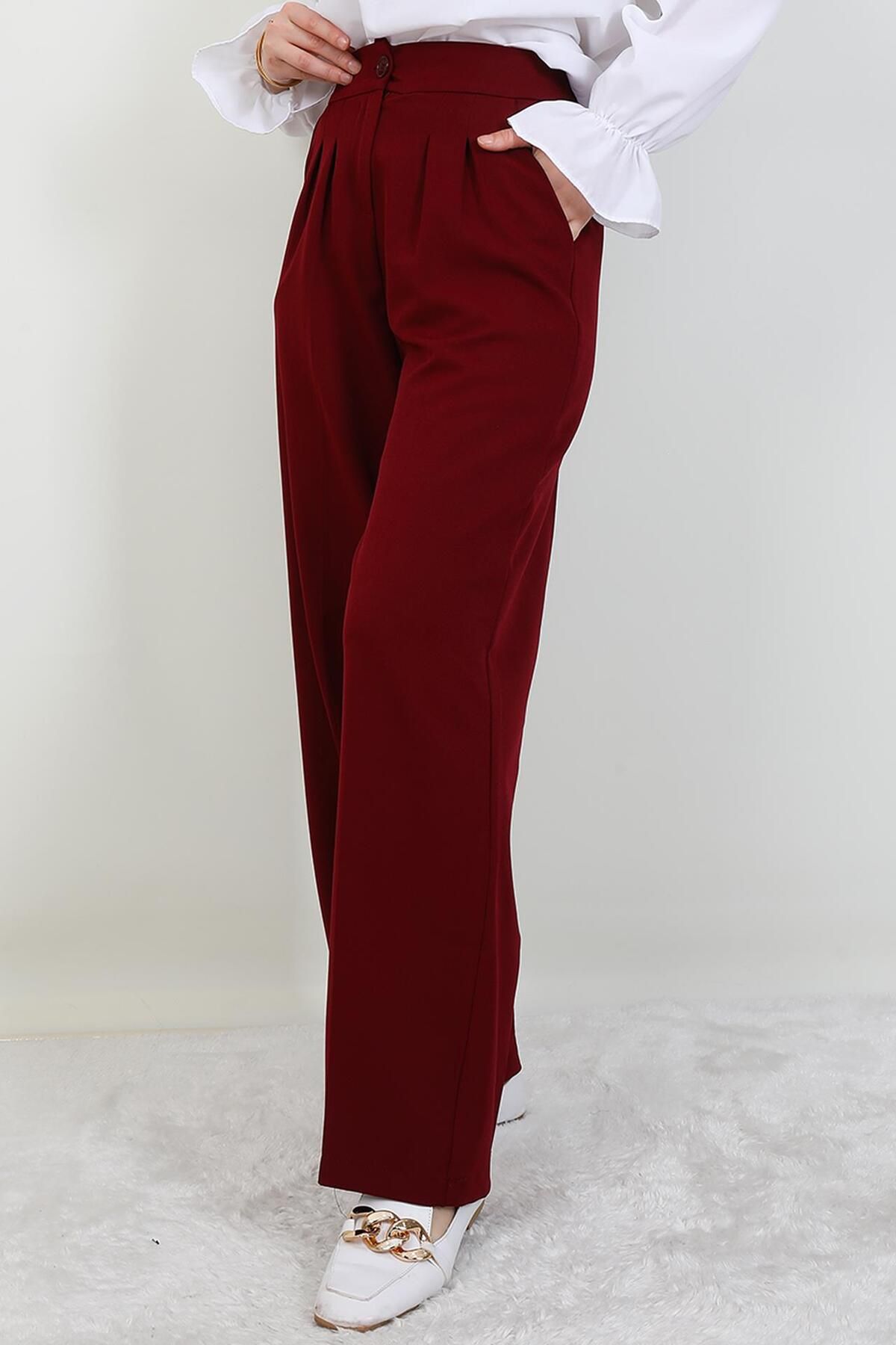GİYZAMİLA Beli Lastikli Düğmeli Pantolon Bordo
