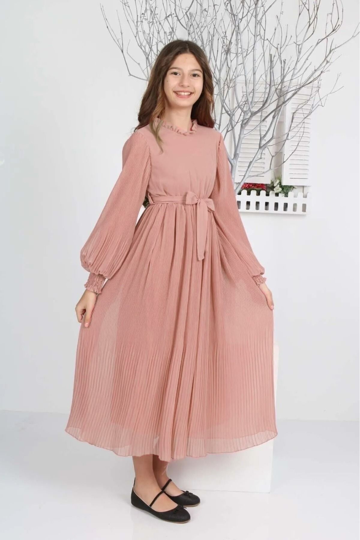 FMN Collection Kız Çocuk Uzun Boydan Pliseli Şifon Elbise tesettür