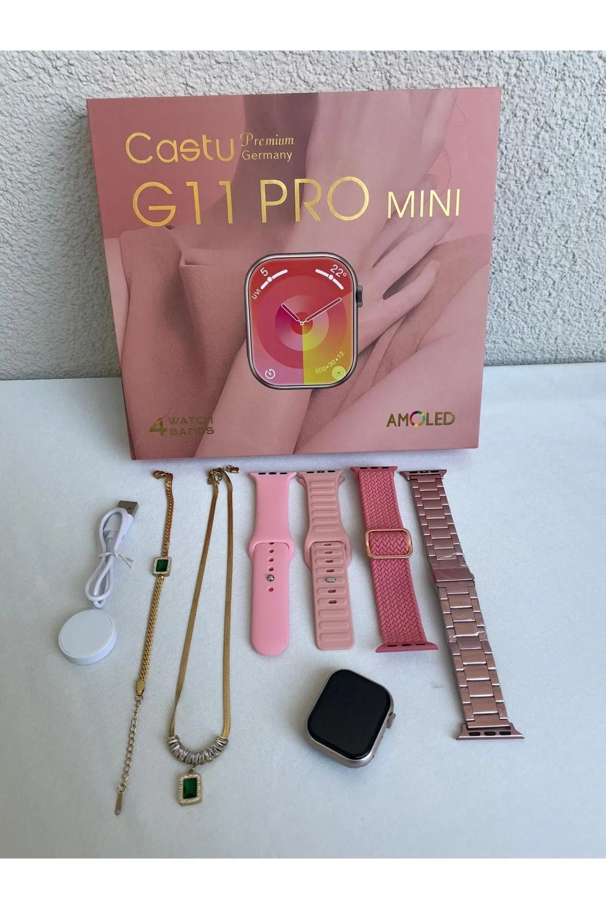 Marka Aksesuar G11 Pro Mini 41MM Amoled Ekran Zümrüt Kolye ve Bileklik Hediyeli Akıllı Sa