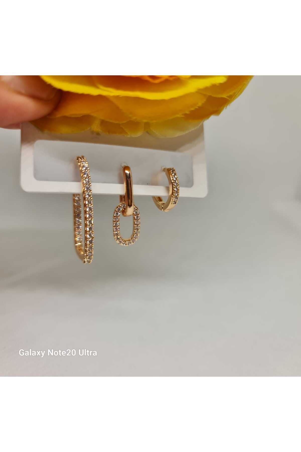 Store 316l Oval 3Lü Paslanmaz Çelik Gold Küpe