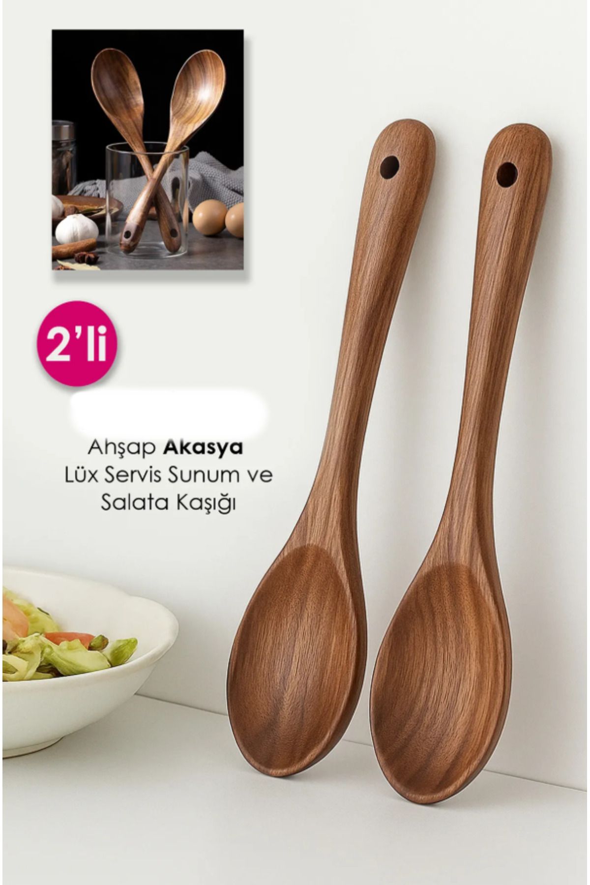 TUMU LIFE 2 Adet Lüks Servis Akasya Ahşap Salata Kaşığı Spatula | Akasya Ahşap Yemek Servis Kaşığı
