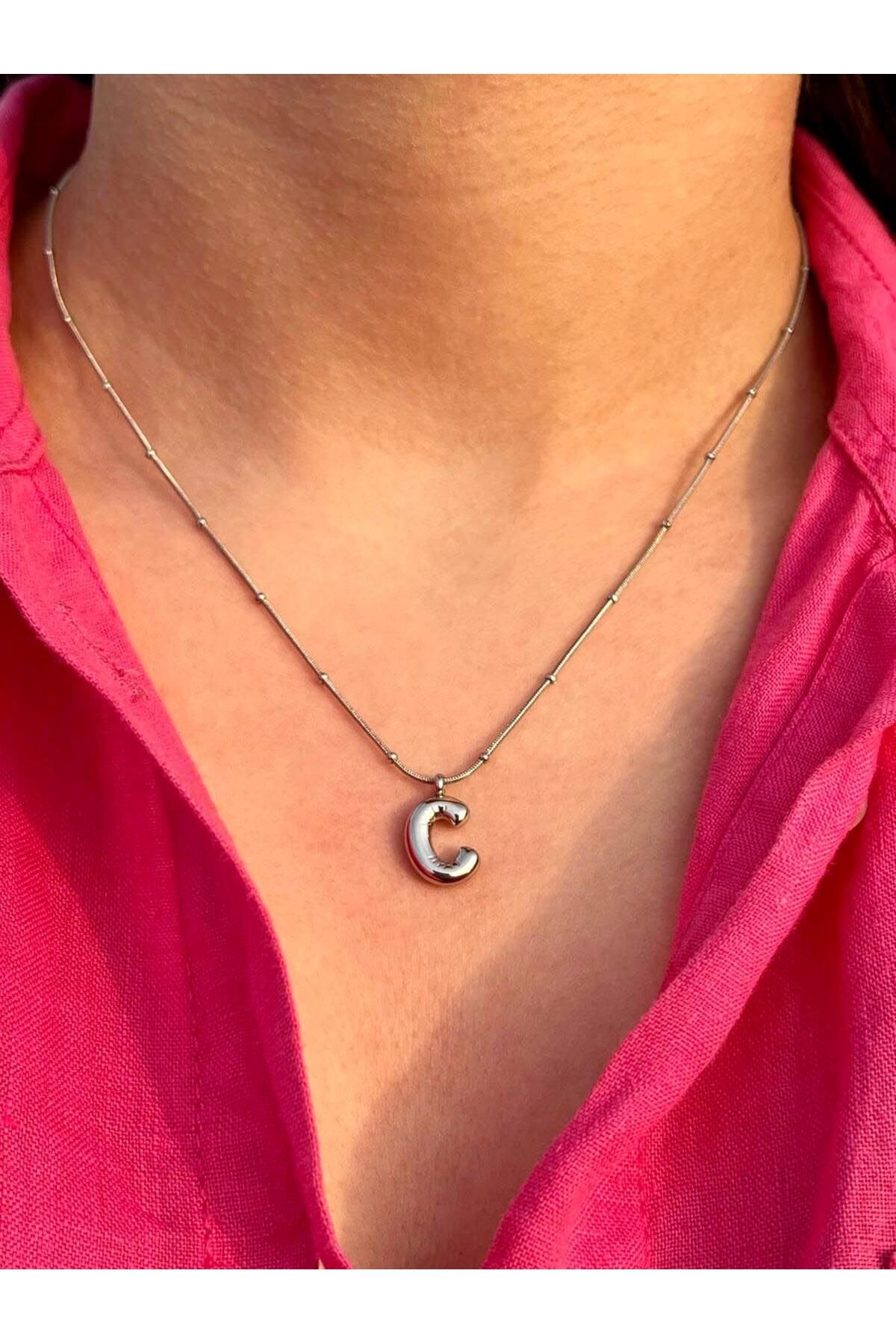 Zerys Jewelry C Harfli Gümüş Çelik Kolye