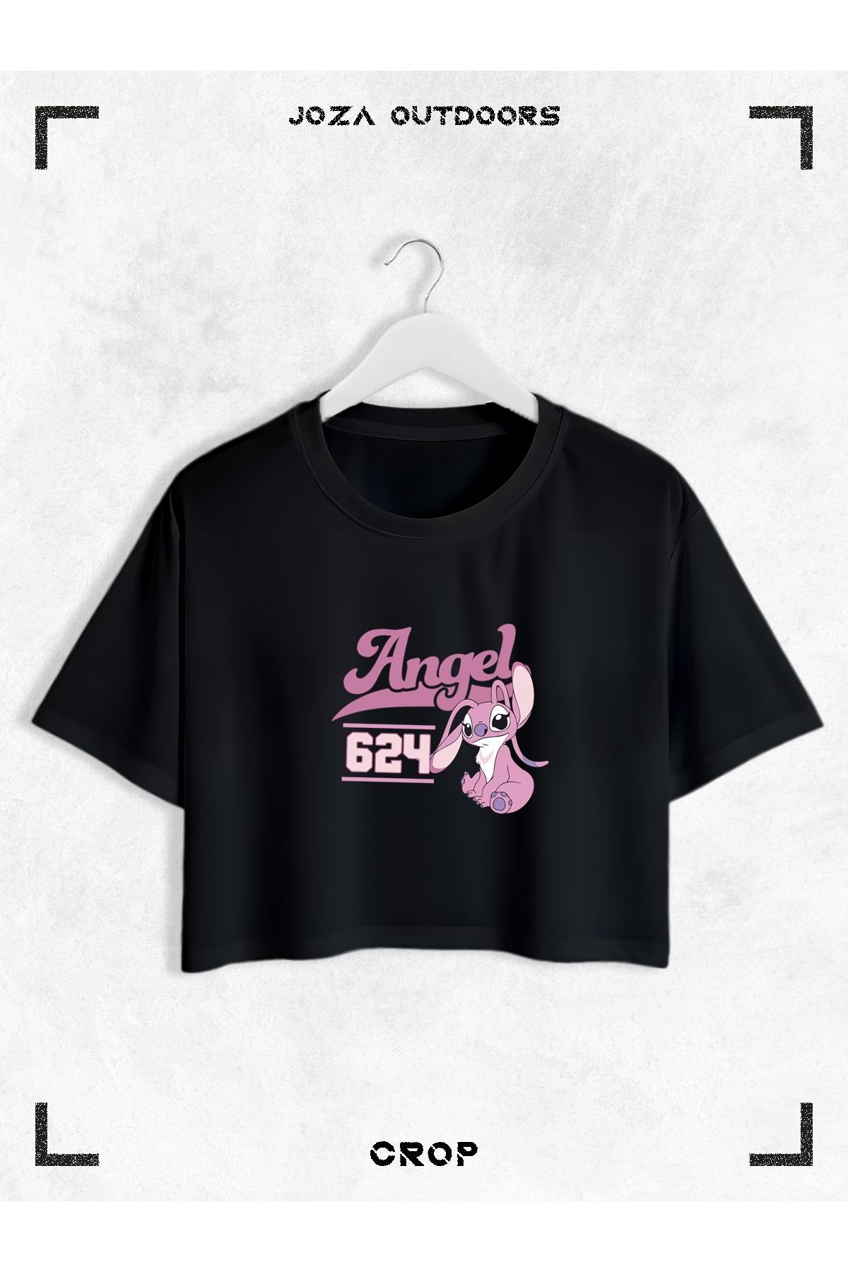 Jobia Outdoors Kadın Pamuklu Renkli Angel ve Stitch Baskılı Bisiklet Yaka Oversize Salaş Kesim Crop T-shirt