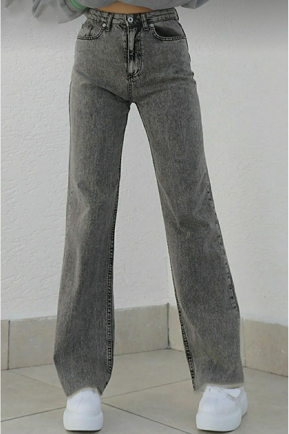 Trn JNS 90's Power Likralı Solmaz Süper Yüksek Bel Füme Kar Salaş Jeans Palazzo Pantolon