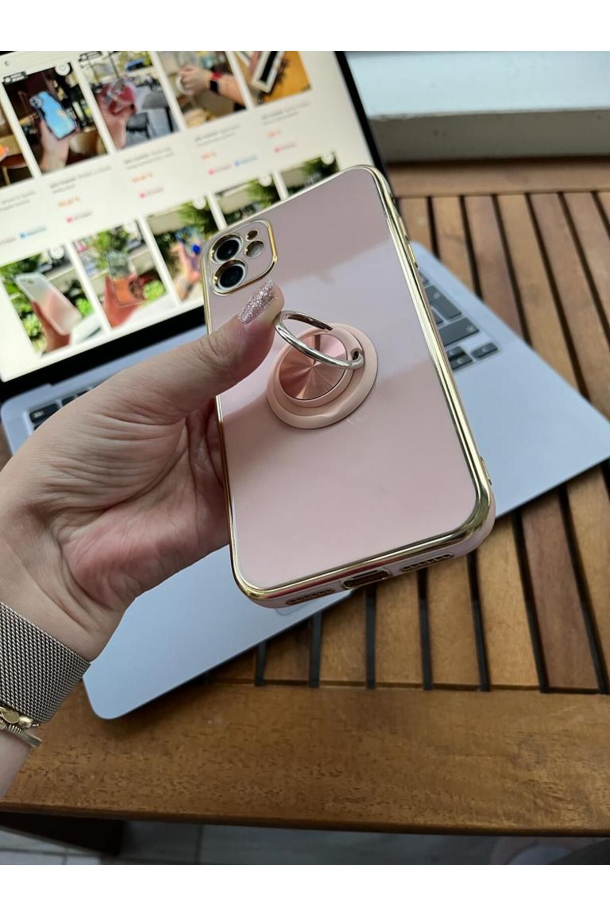 Serena Company iPhone 14 Yüzük Detaylı Krem Rengi Kaliteli Trend Telefon Kılıfı