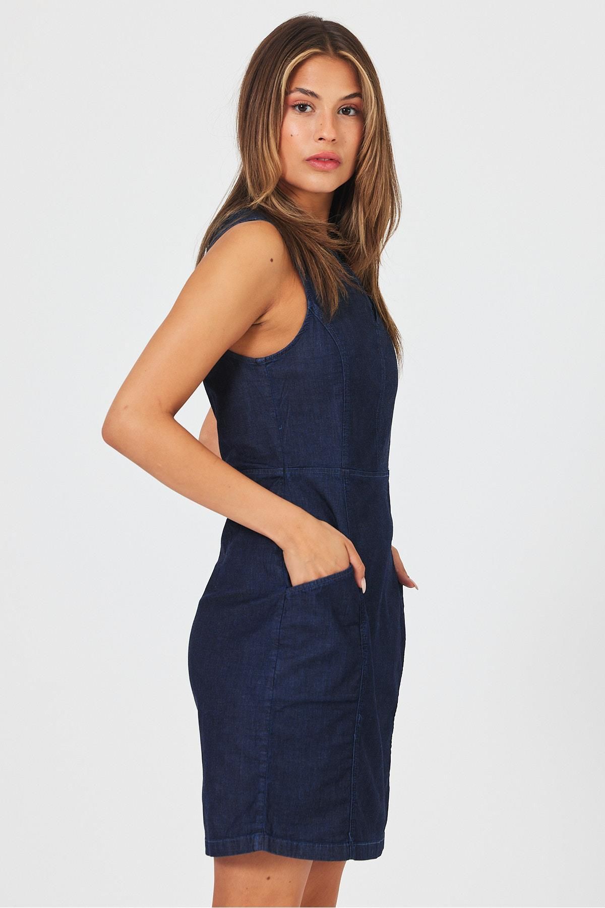 VENA-Femei - Negru Verde Slim Fit fără mâneci Jean rochie 3
