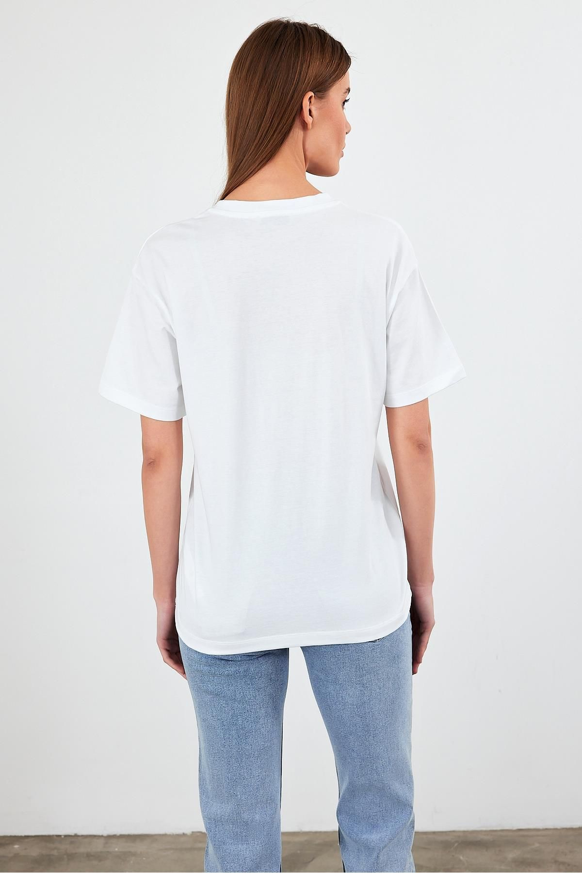 VENA-Tricou cu decolteu rotund cu imprimeu jeans - alb 4