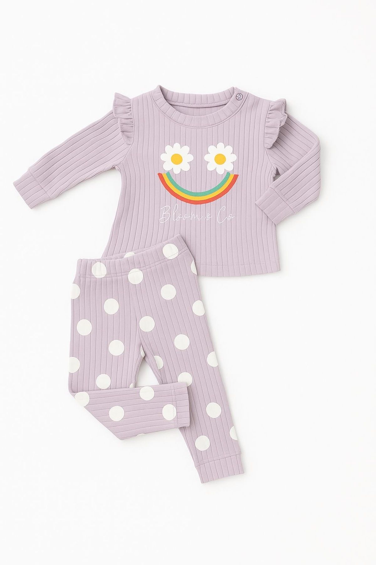E&A Bebek Mor Çizgili Çiçek Desenli Kız Bebek Pijama Takımı-Choose Happy